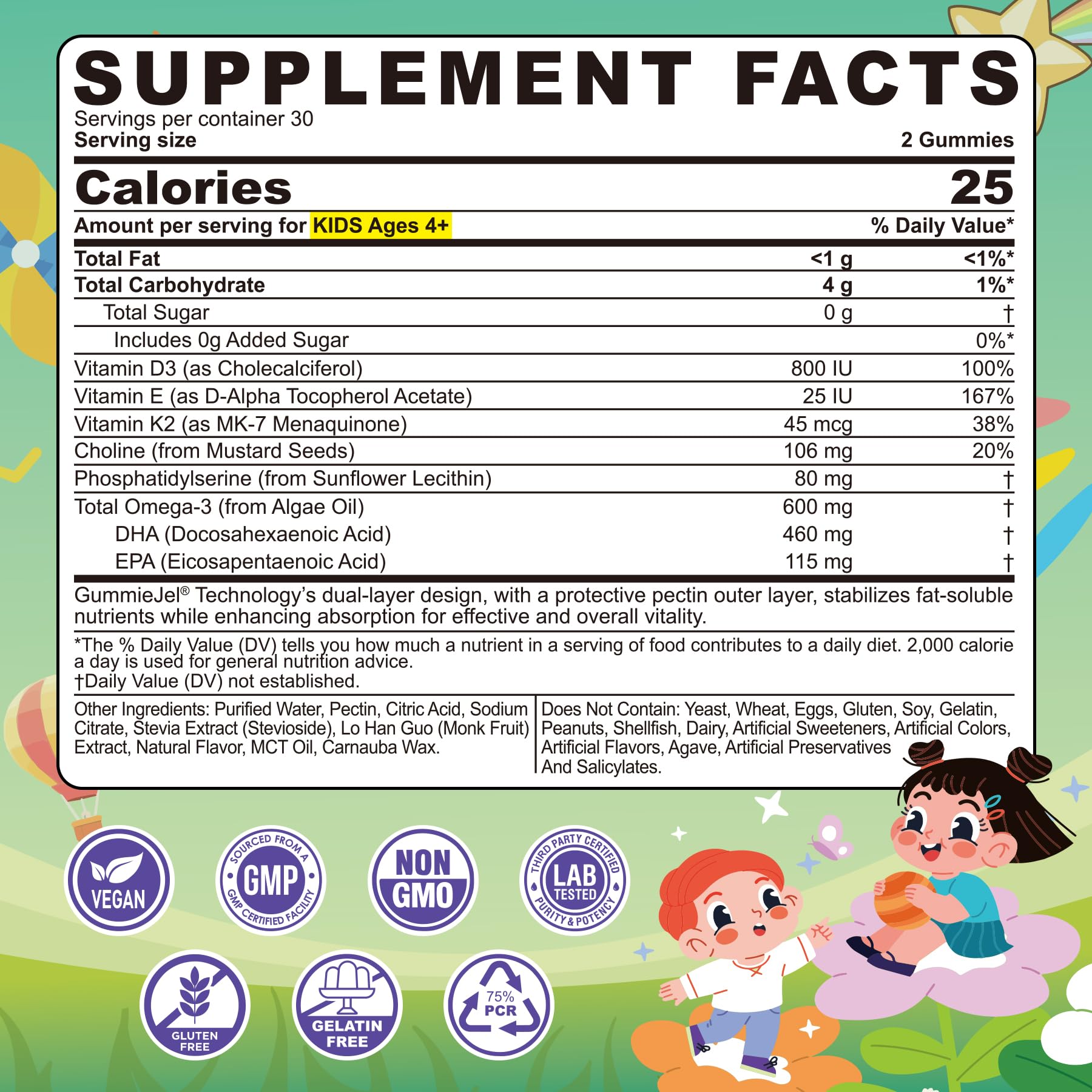 Omega-3 for Kids 4+ | Algae EPA/DHA Gummies + Vitamin D3 & K2, Zero Sugar, Lemon, 60 Count