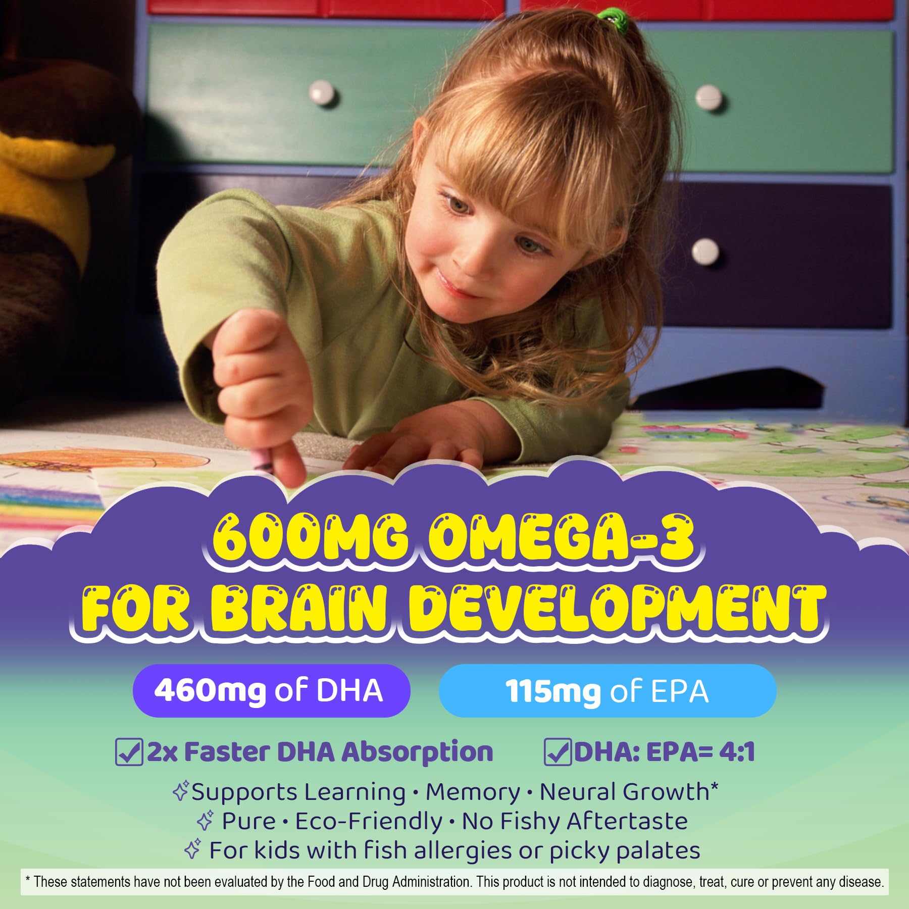 Omega-3 for Kids 4+ | Algae EPA/DHA Gummies + Vitamin D3 & K2, Zero Sugar, Lemon, 60 Count