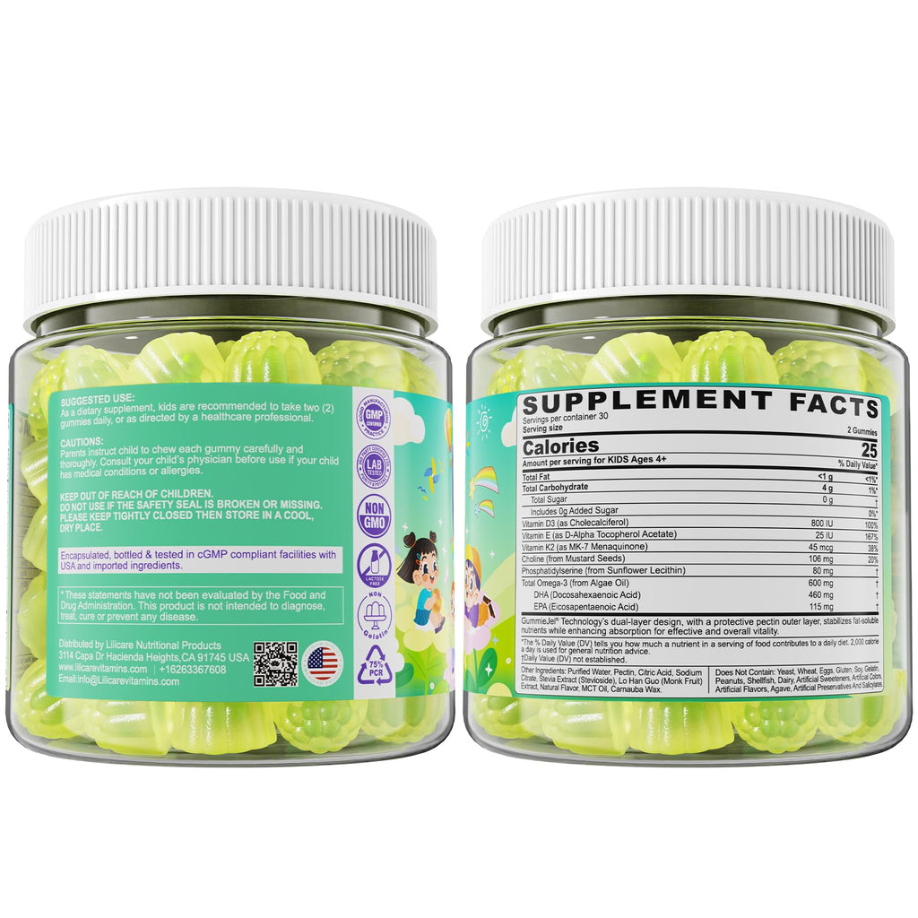 Omega-3 for Kids 4+ | Algae EPA/DHA Gummies + Vitamin D3 & K2, Zero Sugar, Lemon, 60 Count