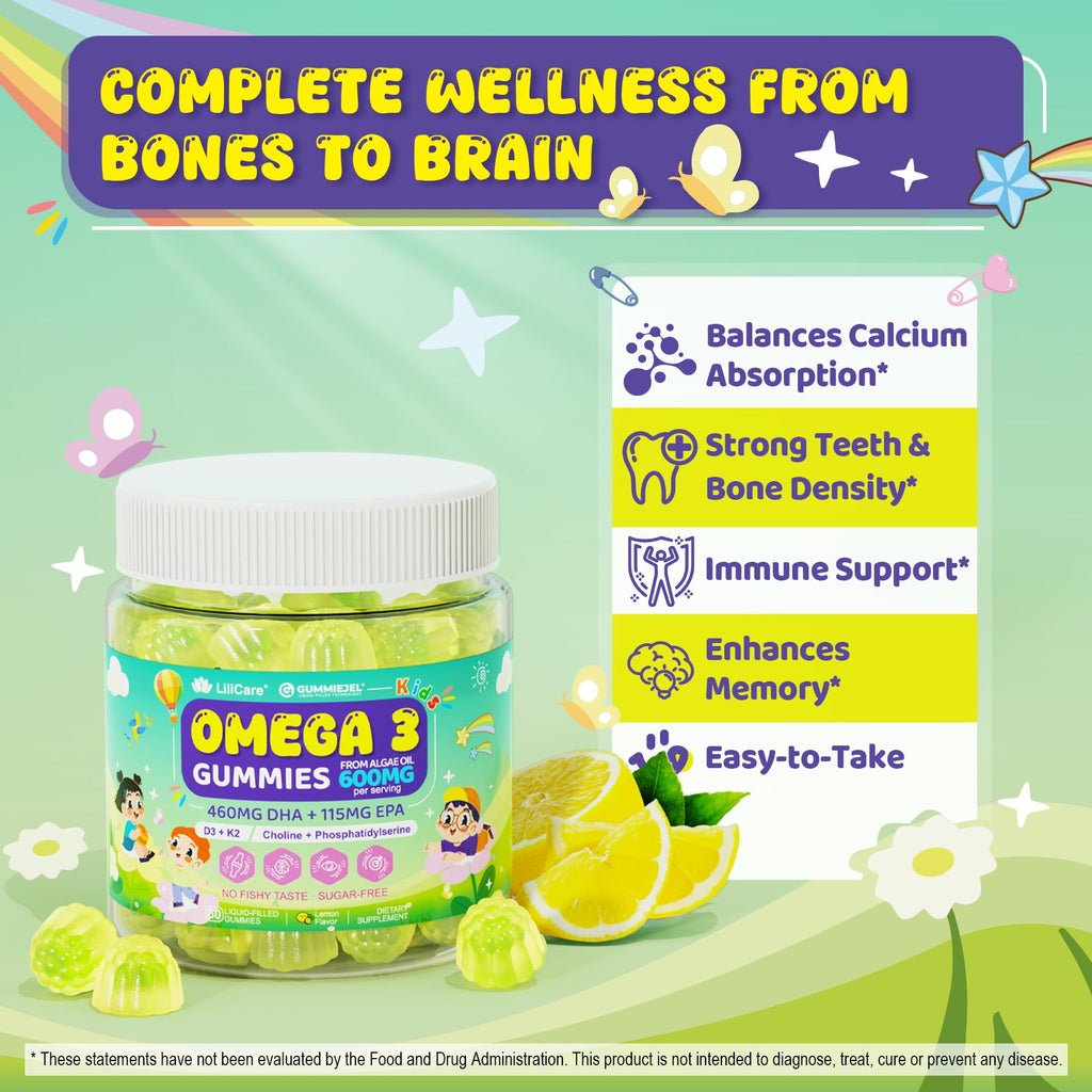 Omega-3 for Kids 4+ | Algae EPA/DHA Gummies + Vitamin D3 & K2, Zero Sugar, Lemon, 60 Count