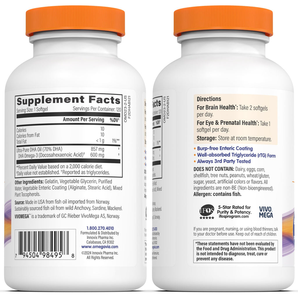 OmegaVia DHA 600 mg – Ultra Pure DHA for Brain & Eyes, Burpless, IFOS Tested, 120 Softgels
