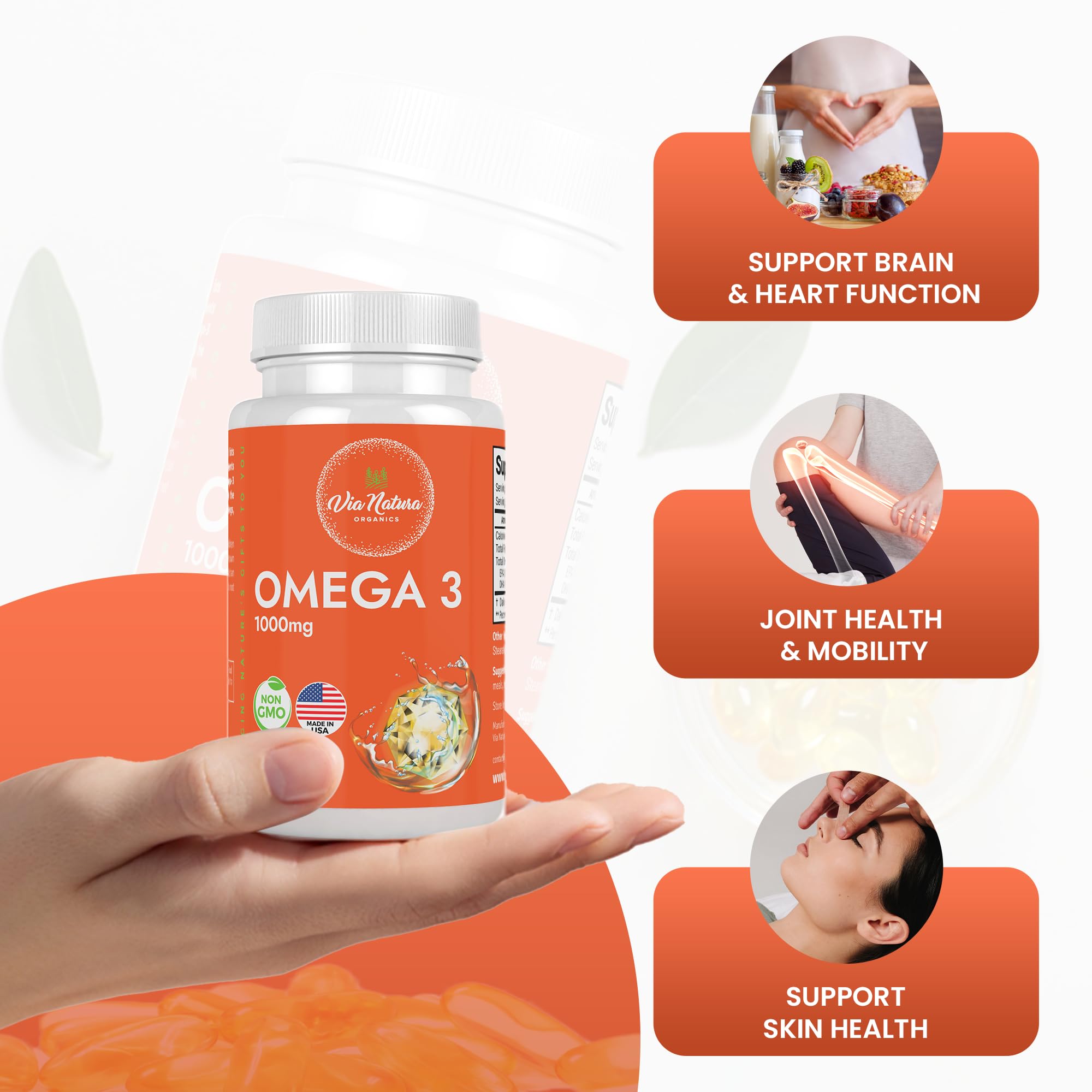 Via Natura Organics Omega 3 1000mg | EPA & DHA | 60 Softgels | Non-GMO
