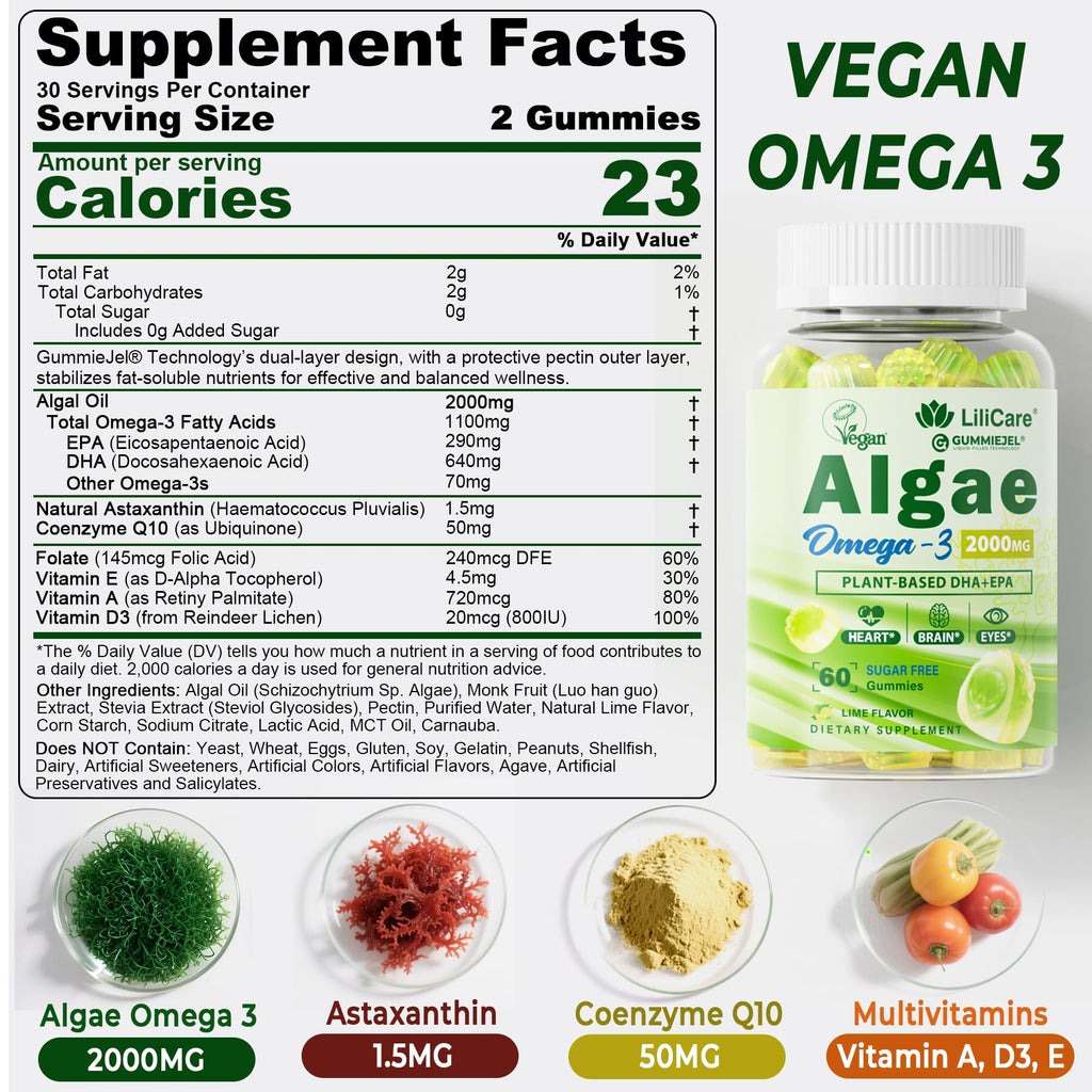 Omega 3 Gummies 2200mg from Algae Oil – DHA 640mg & EPA 290mg | Vegan, Sugar-Free