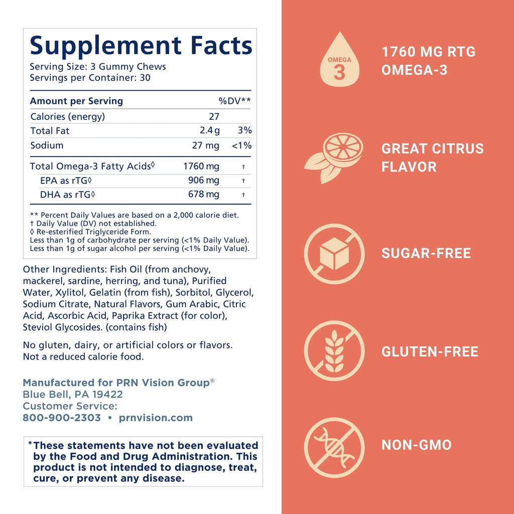 Omega 3 Gummy Chewables - 90 Gel Chews, 30-Day Citrus Supply | 1760mg Ultra-Pure rTG Omega 3