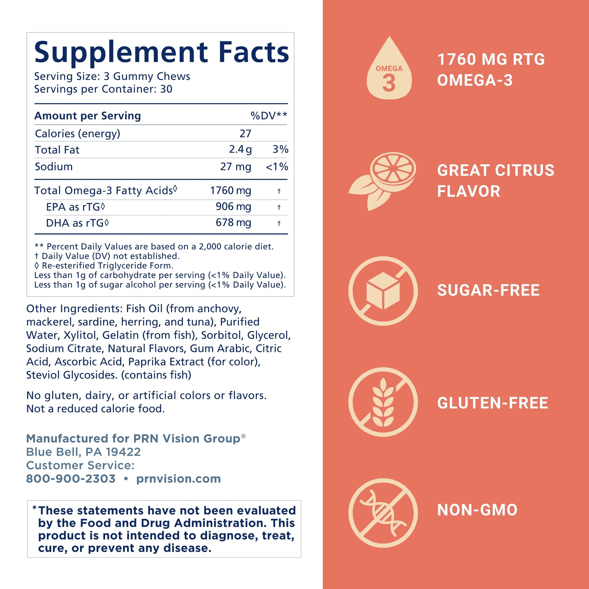Omega 3 Gummy Chewables - 90 Gel Chews, 30-Day Citrus Supply | 1760mg Ultra-Pure rTG Omega 3