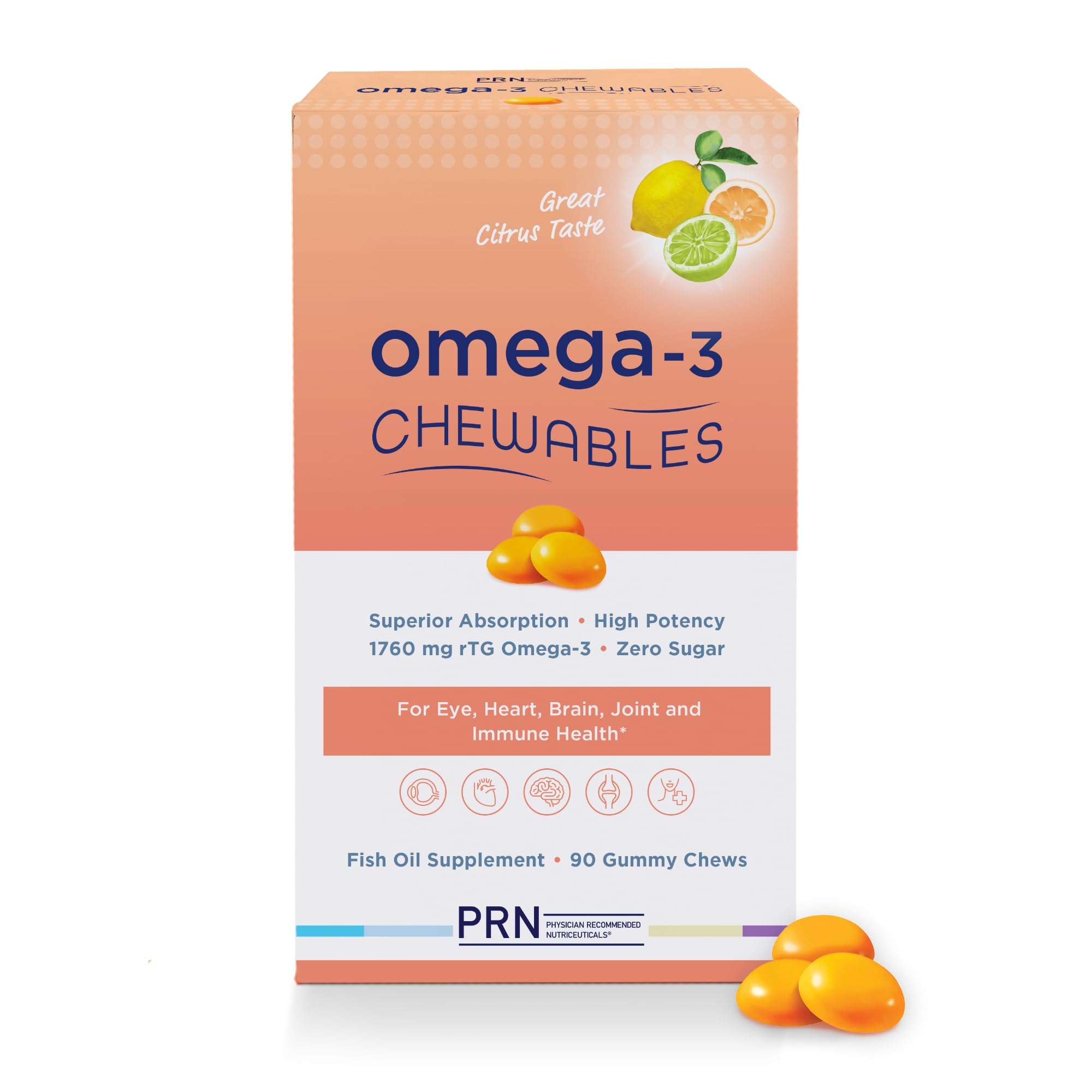 Omega 3 Gummy Chewables - 90 Gel Chews, 30-Day Citrus Supply | 1760mg Ultra-Pure rTG Omega 3