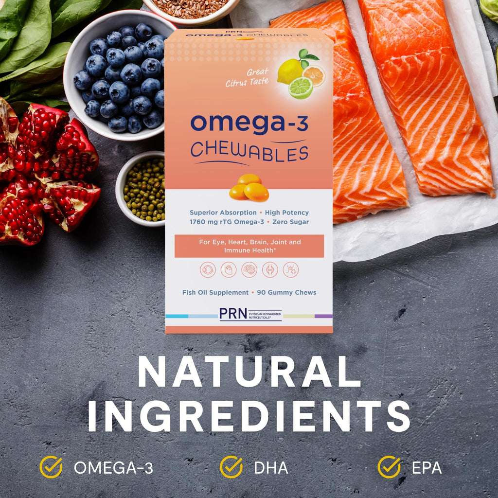 Omega 3 Gummy Chewables - 90 Gel Chews, 30-Day Citrus Supply | 1760mg Ultra-Pure rTG Omega 3