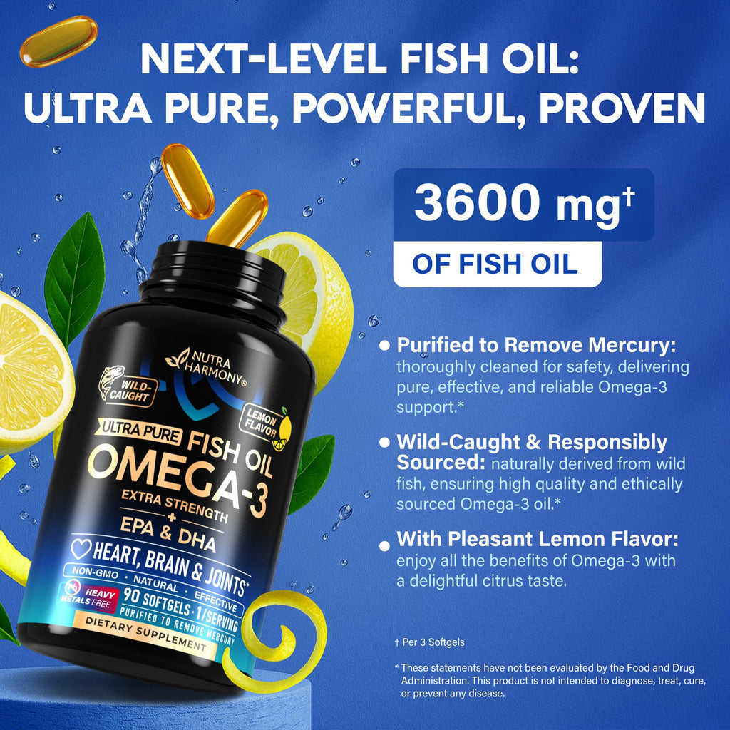Omega 3 Fish Oil 3600 mg | EPA & DHA, Lemon Flavor, Made in USA