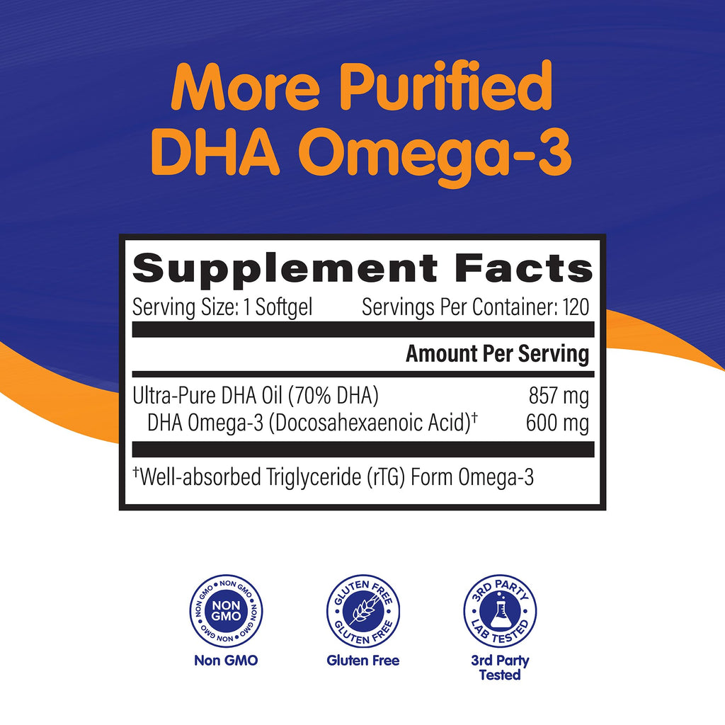 OmegaVia DHA 600 mg – Ultra Pure DHA for Brain & Eyes, Burpless, IFOS Tested, 120 Softgels