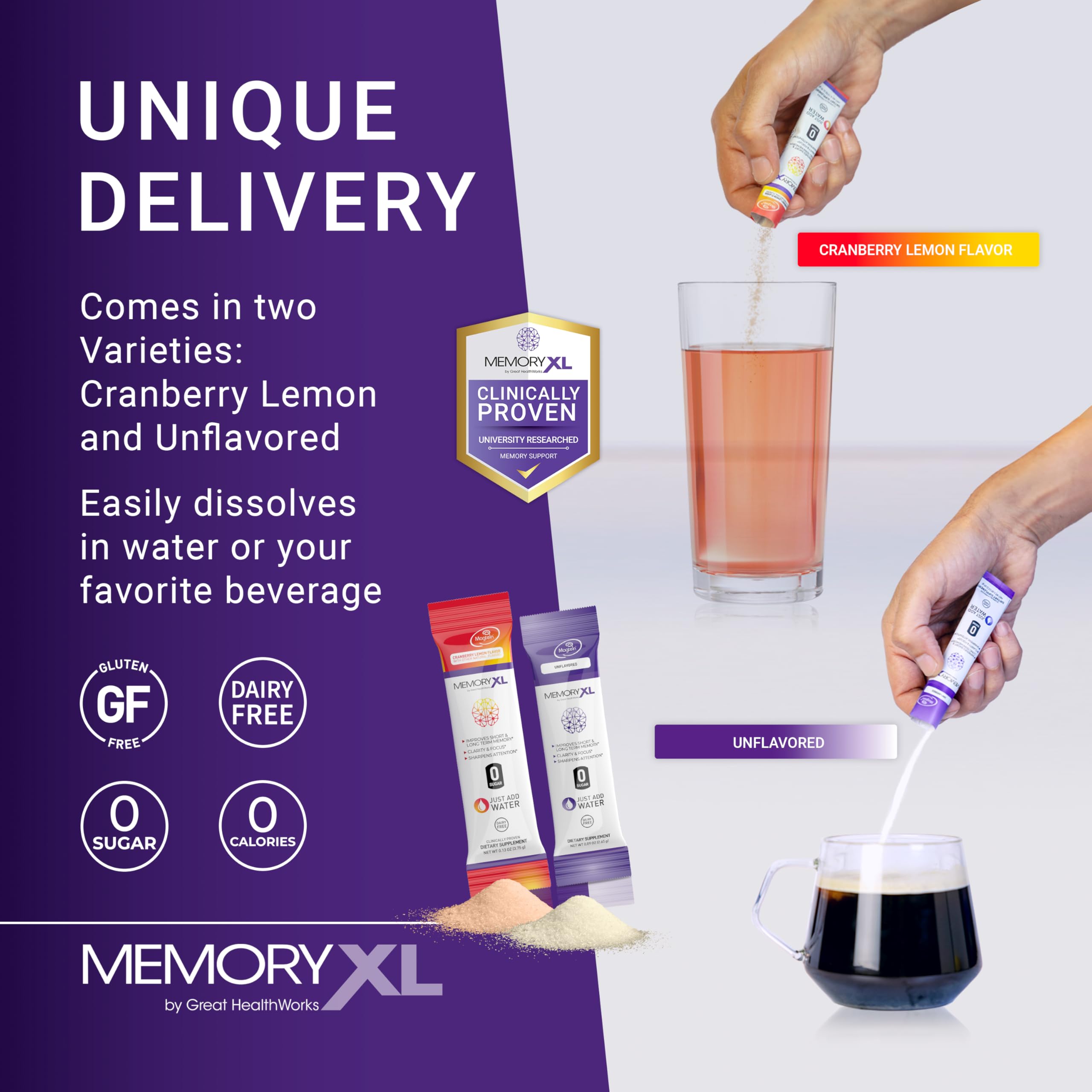 MemoryXL: Magnesium L-Threonate for Focus & Memory — Cranberry Lemon, 30-Stick Pack | OmegaXL