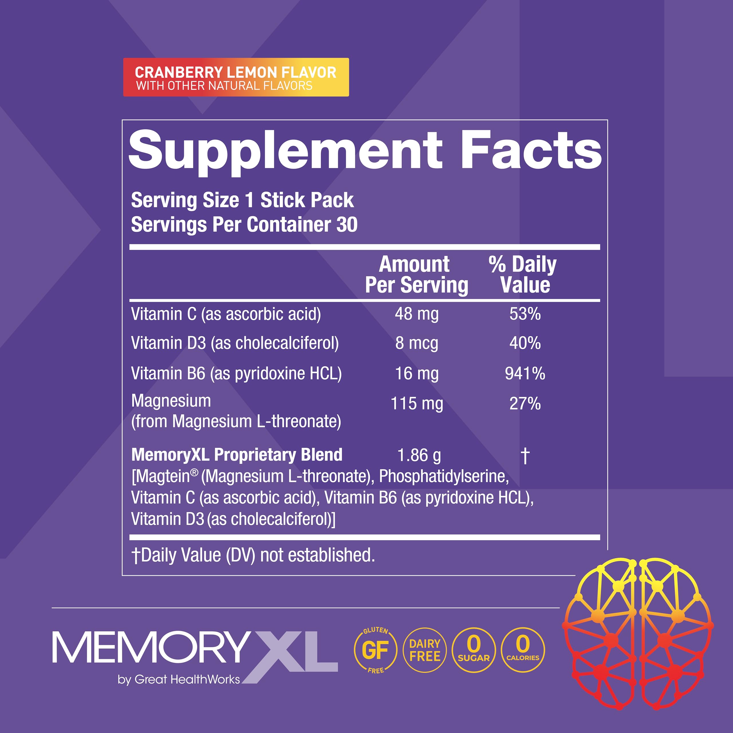 MemoryXL: Magnesium L-Threonate for Focus & Memory — Cranberry Lemon, 30-Stick Pack | OmegaXL