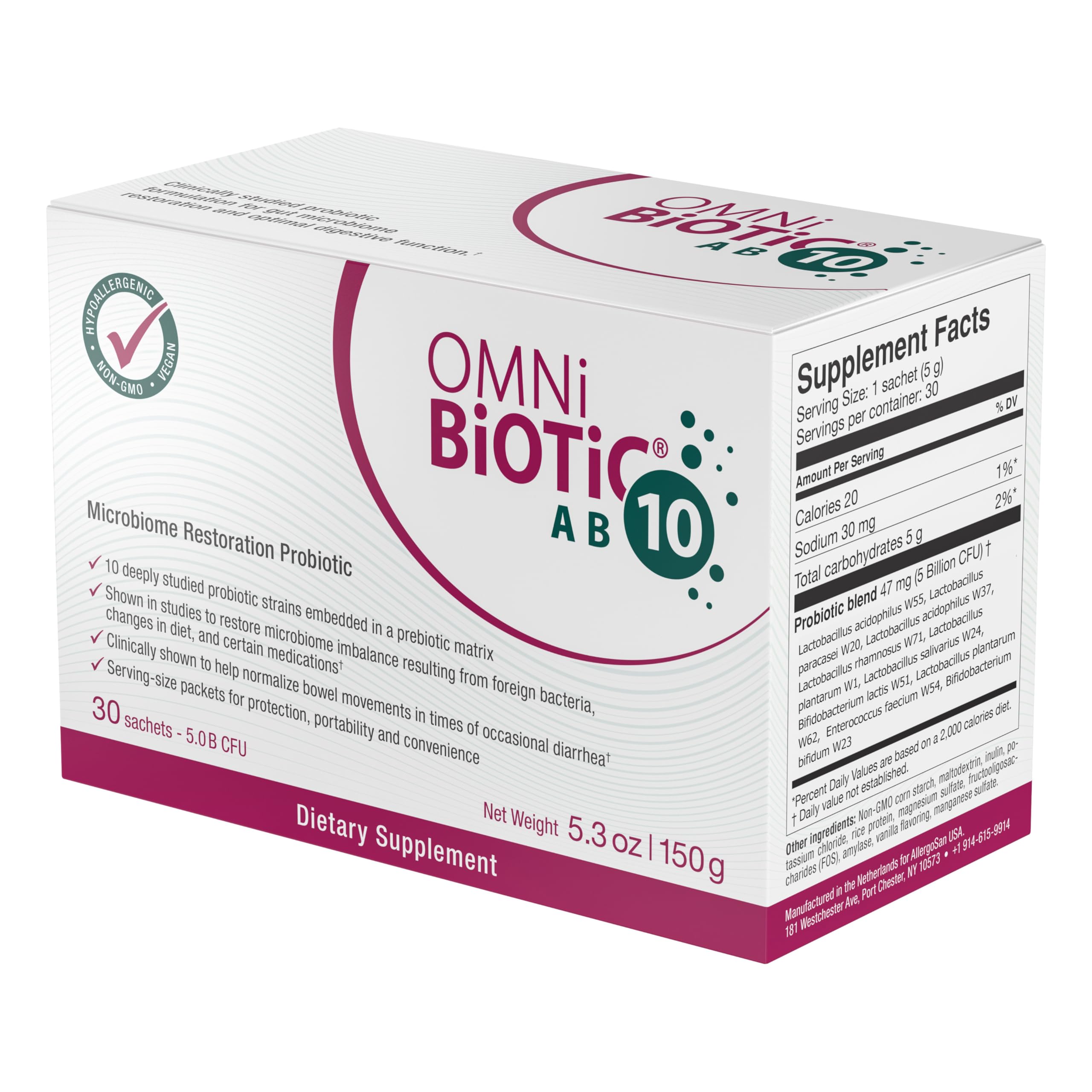 OMNi BiOTiC AB 10 – Clinically Tested Restorative Probiotic for Gut Flora & Digestion (30 Daily Packets) – Vegan, Hypoallergenic, Non-GMO