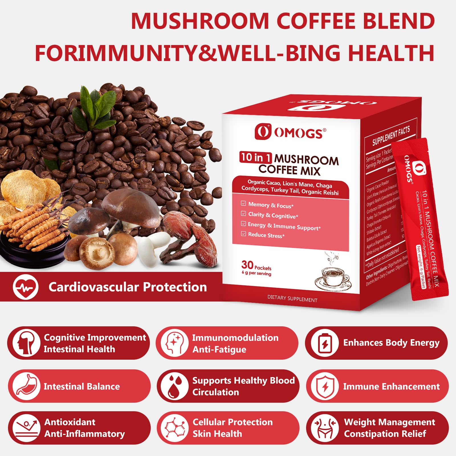 OMOGS Mushroom Coffee – 10-in-1 Extract (Lion's Mane, Reishi, Cordyceps) 30 Servings