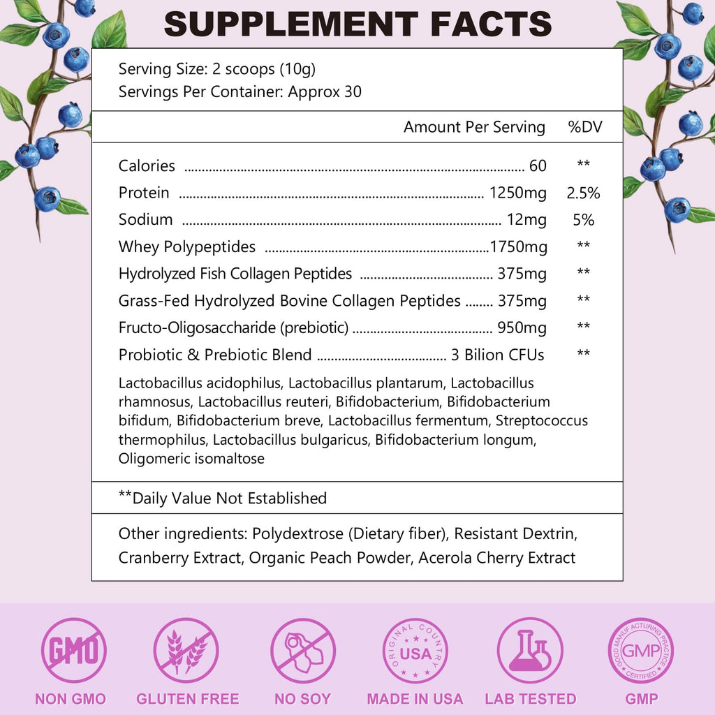 OMOGS Hydrolyzed Collagen Peptide Powder with Prebiotics, Vitamin C & Cranberry Extract – Supports Hair, Skin, Nails, Bones, Digestive & Urinary Health | Non-GMO