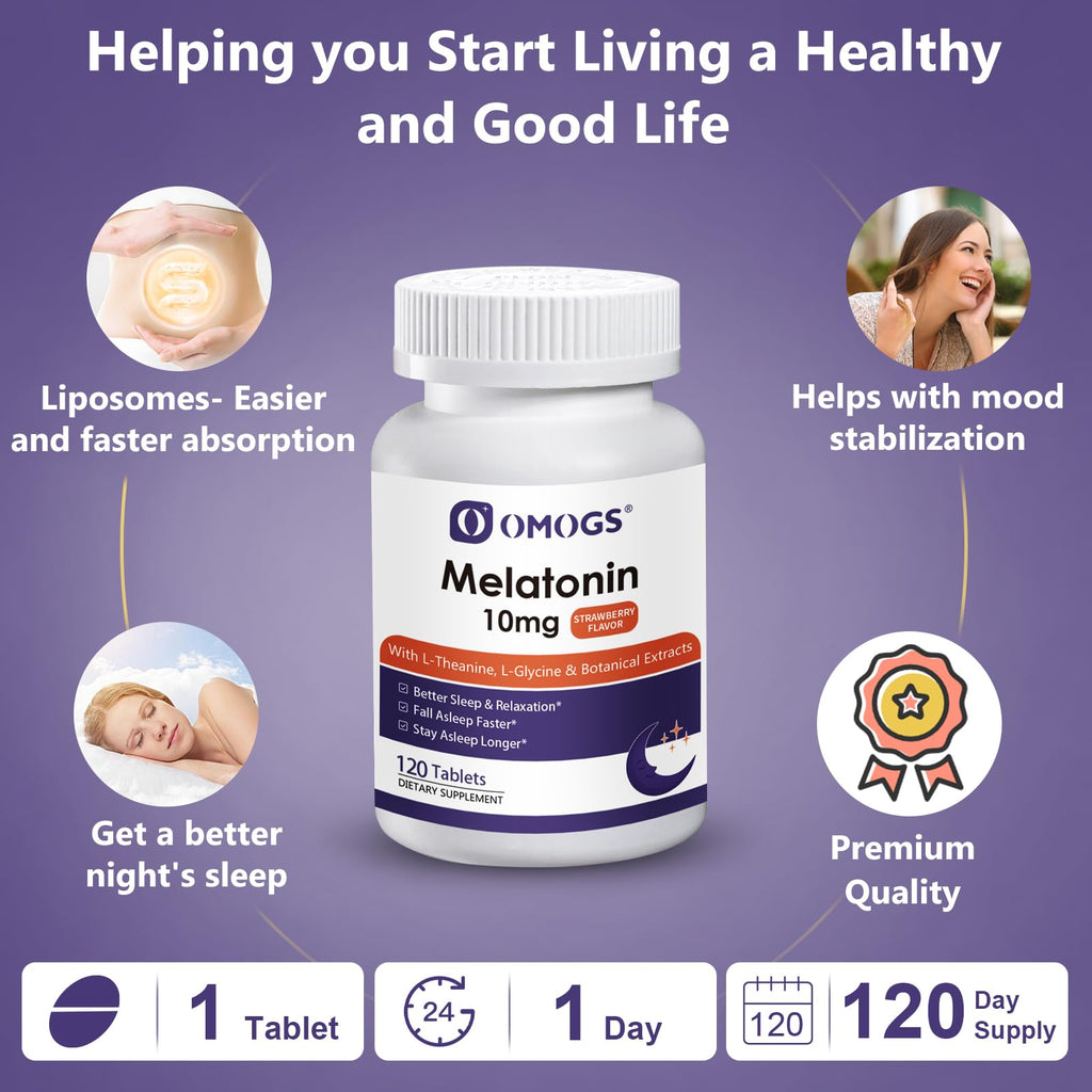 OMOGS Melatonin Sleep Supplements - Fast-Dissolve 10mg with L-Theanine, L-Glycine & Vitamin B, Strawberry Flavor, 120-Day Supply