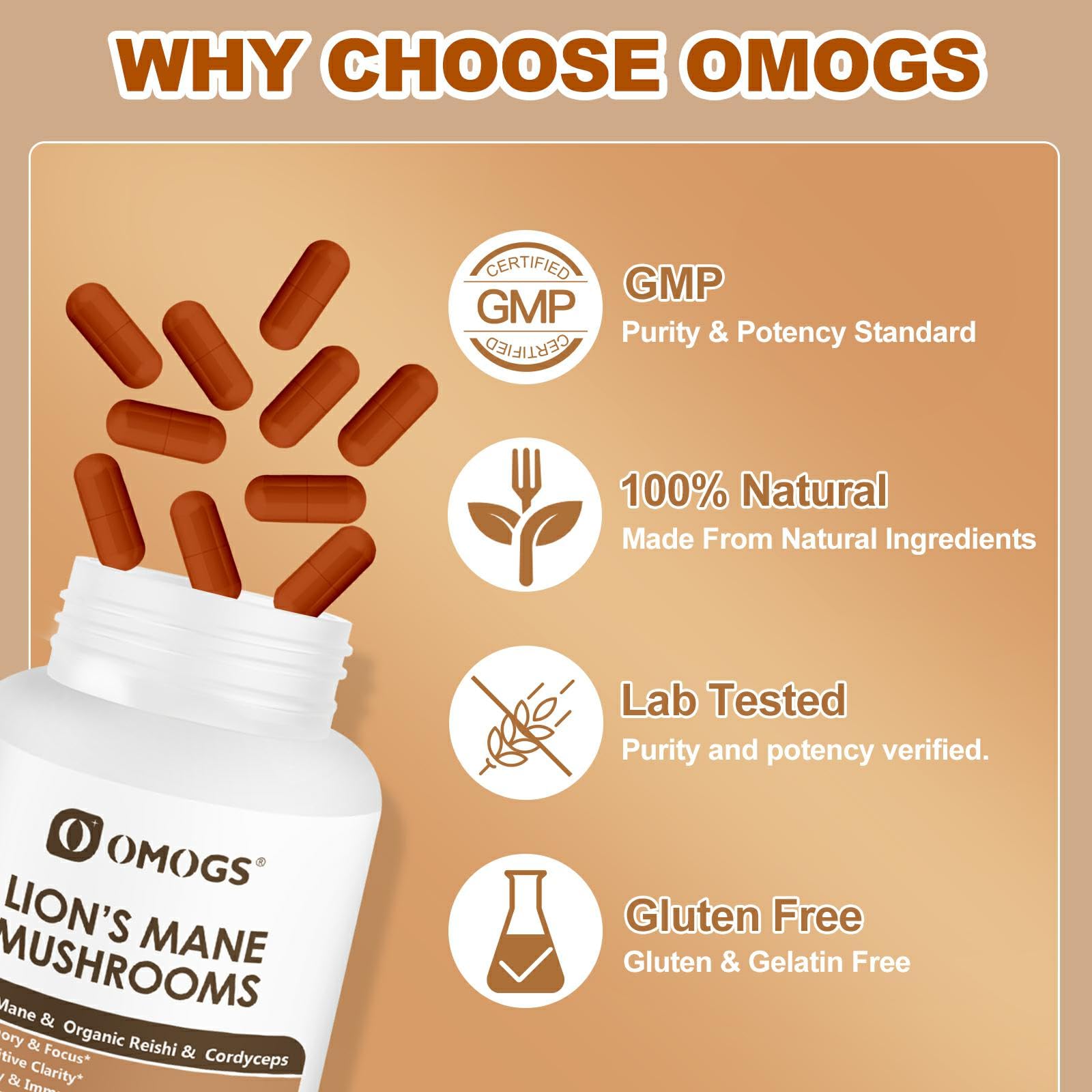 OMOGS Mushroom Complex Supplement Capsules 10:1 Extract, Lions Mane Supplement with Cordyceps, Reishi, for Brain Health, Memory Support, Focus & Immune System