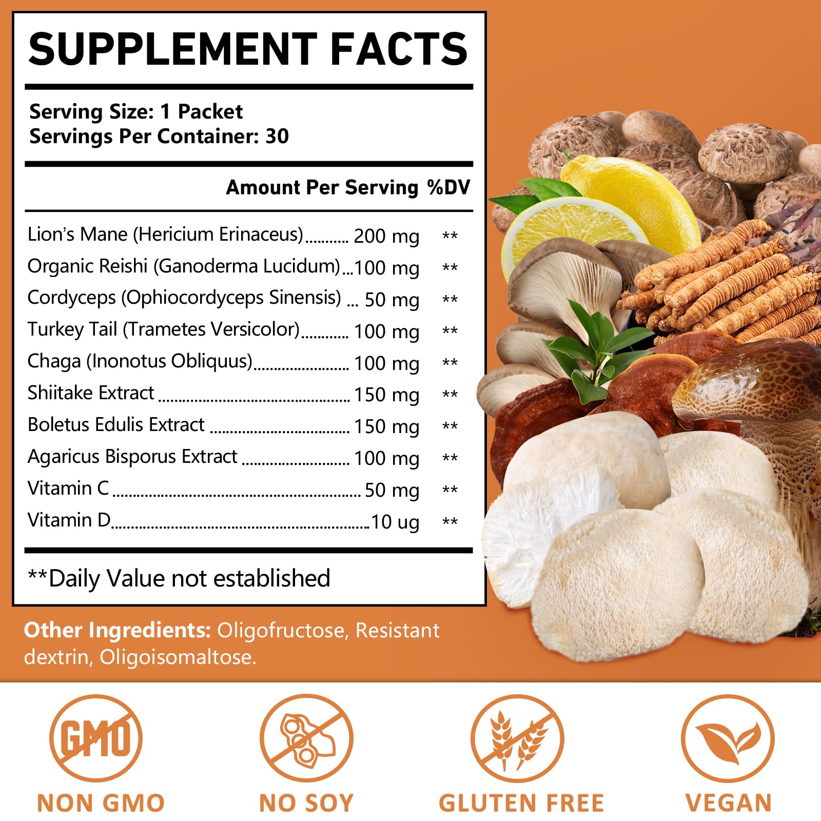 OMOGS Organic Mushroom Complex Powder Blend – Lion's Mane, Reishi, Cordyceps, Turkey Tail for Brain Health & Focus
