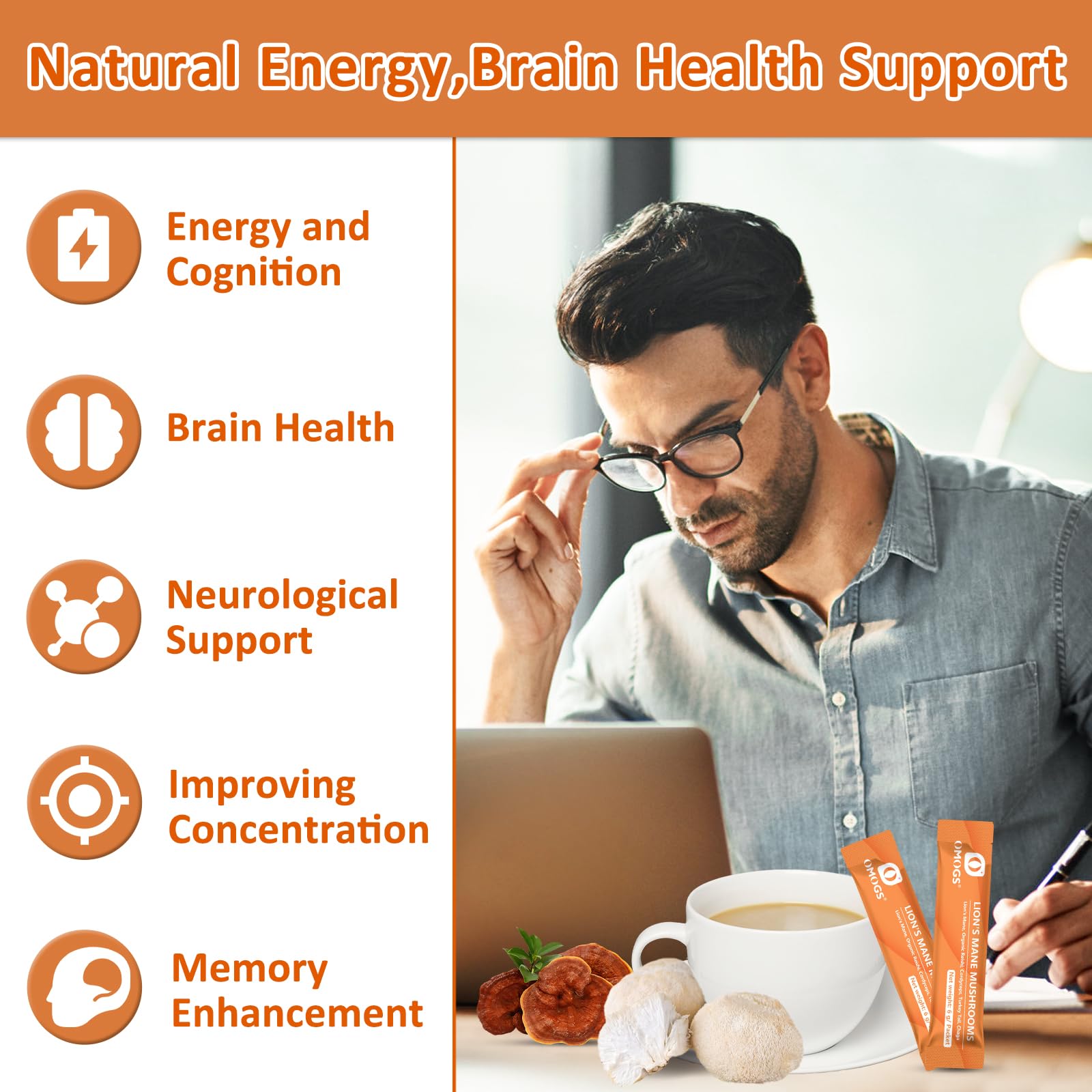 OMOGS Organic Mushroom Complex Powder Blend – Lion's Mane, Reishi, Cordyceps, Turkey Tail for Brain Health & Focus
