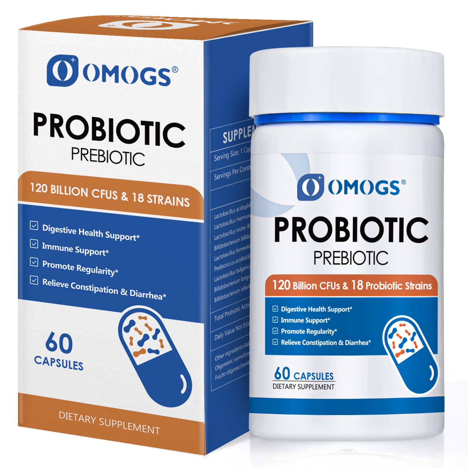 OMOGS Probiotics 120B CFUs – 18 Strains, 3 Prebiotics & Digestive Enzymes, 60 Capsules