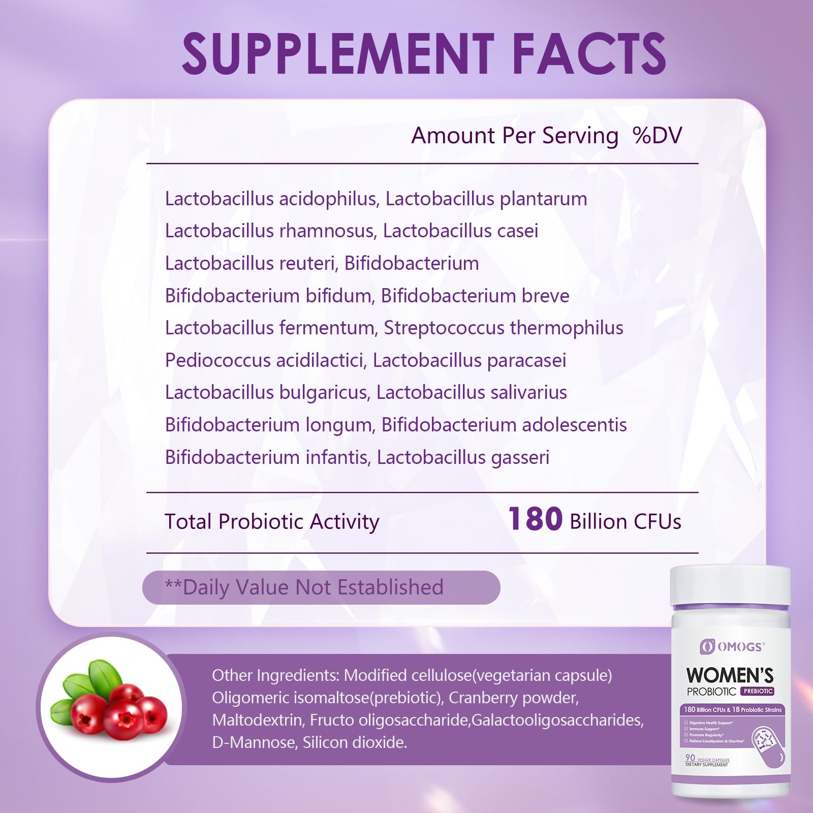 OMOGS Women's Probiotic 180 Billion CFUs | 18 Strains, Organic Prebiotics, Cranberry, D-Mannose & Digestive Enzymes | 90 Capsules