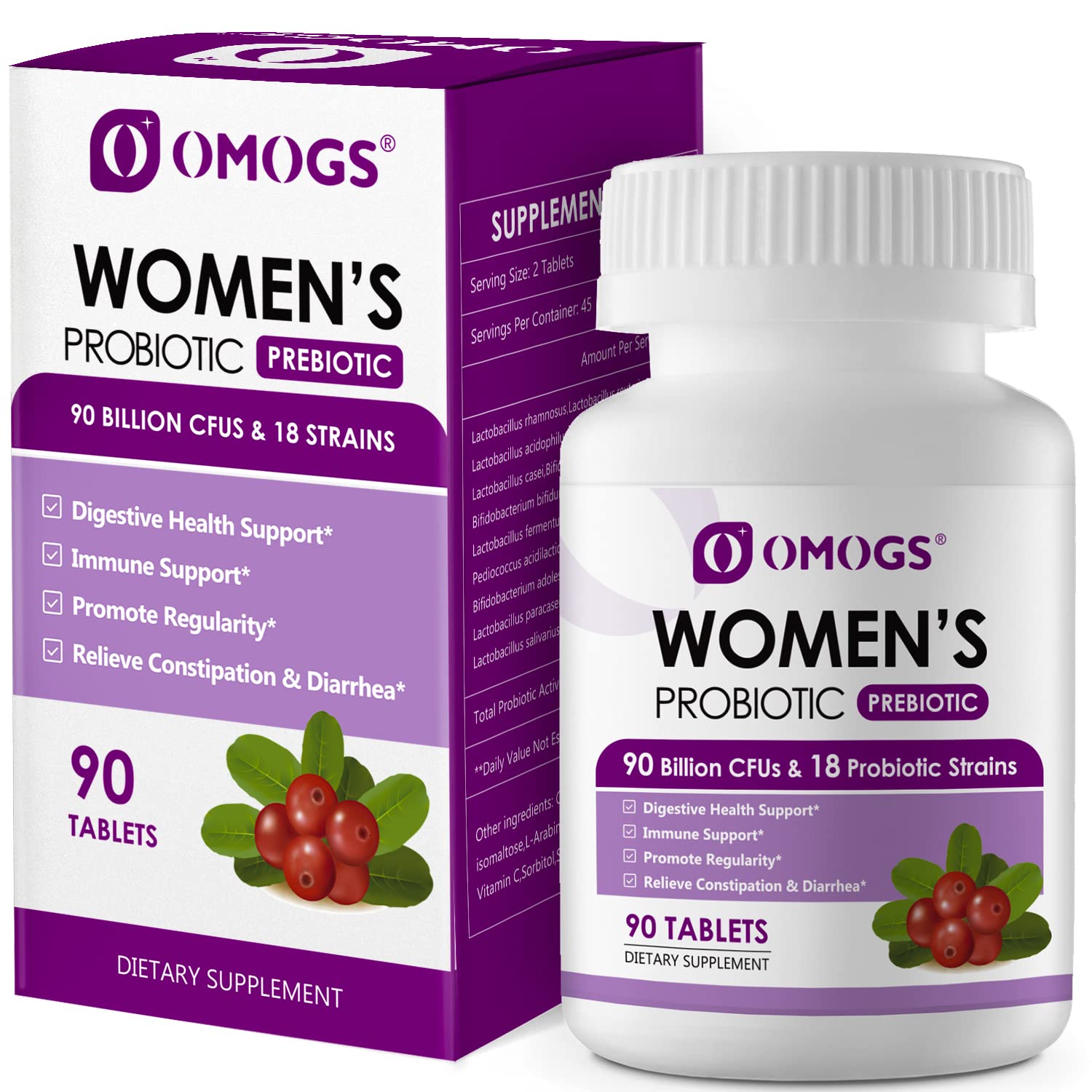 OMOGS Women's Probiotic – Cranberry, Prebiotics & Vitamin C | 90B CFUs, 18 Strains, 90 Tablets