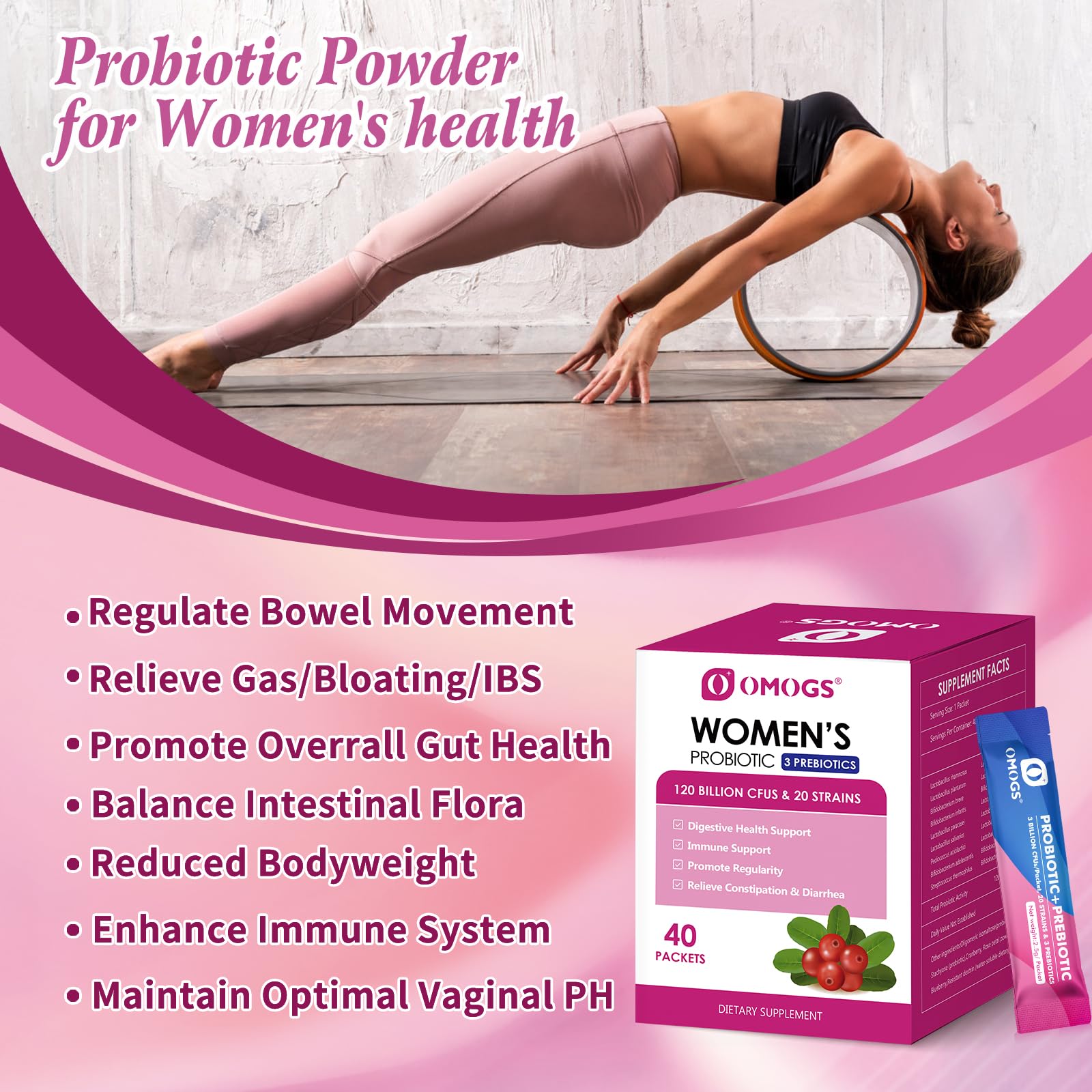 OMOGS Women's Probiotic – 120 Billion CFUs, 18 Strains, 3 Prebiotics & Cranberry Extract for Immune, Digestive, Gut and Vaginal Health