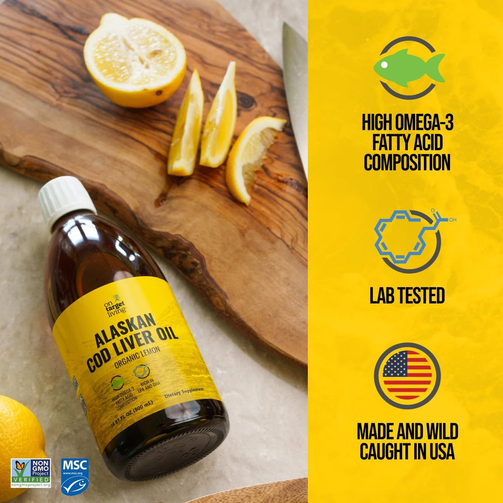 On Target Living Alaskan Cod Liver Oil Organic Lemon Flavor – 2 Pack (16.67 oz) | Line Caught in USA • Vitamin D & Omega-3 DHA/EPA • Non-GMO • MSC Certified