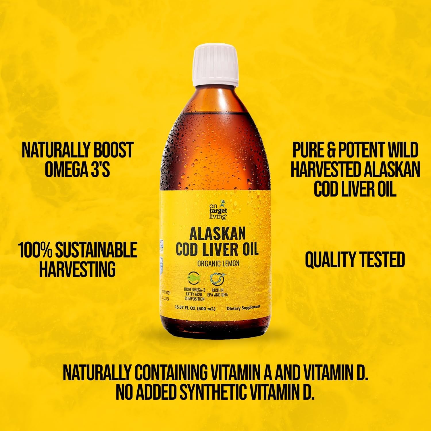On Target Living Alaskan Cod Liver Oil Organic Lemon Flavor – 2 Pack (16.67 oz) | Line Caught in USA • Vitamin D & Omega-3 DHA/EPA • Non-GMO • MSC Certified