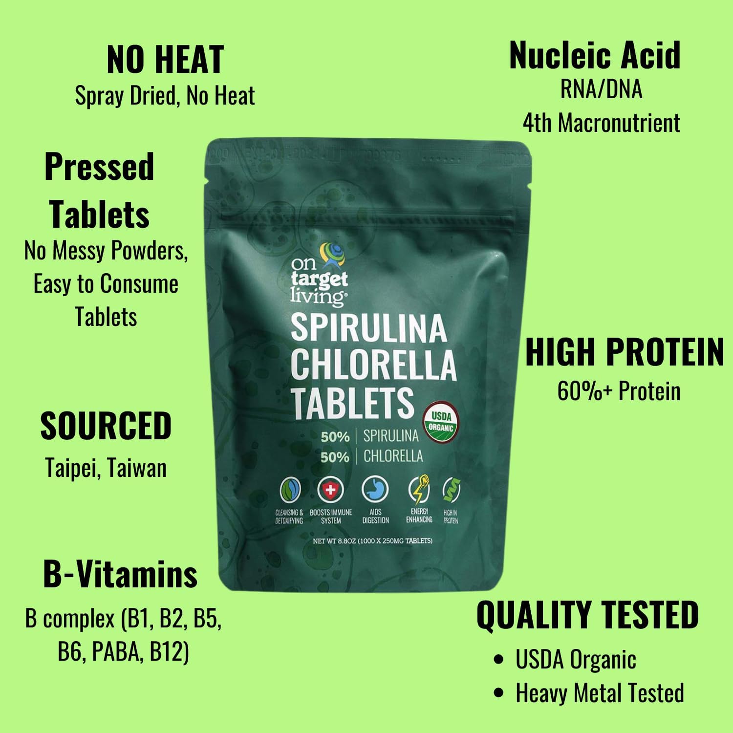 On Target Living Organic Spirulina & Chlorella | 2000 Tablets | USDA Organic | Vegan Protein & Immune Support