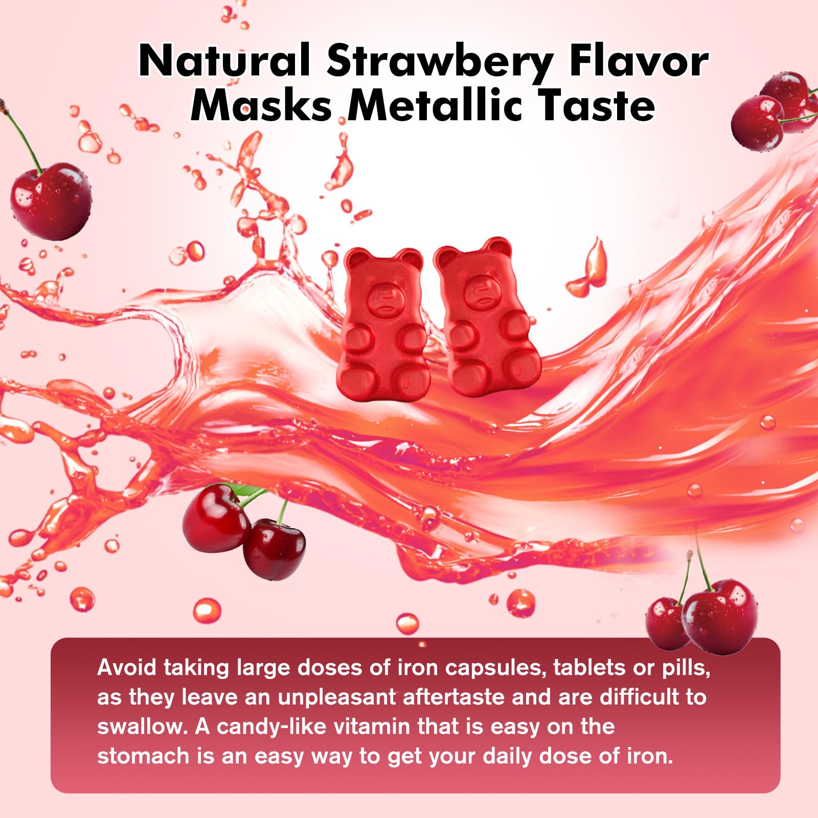 Iron Gummies for Adults & Kids – Cherry Flavor, Ferrous Bisglycinate