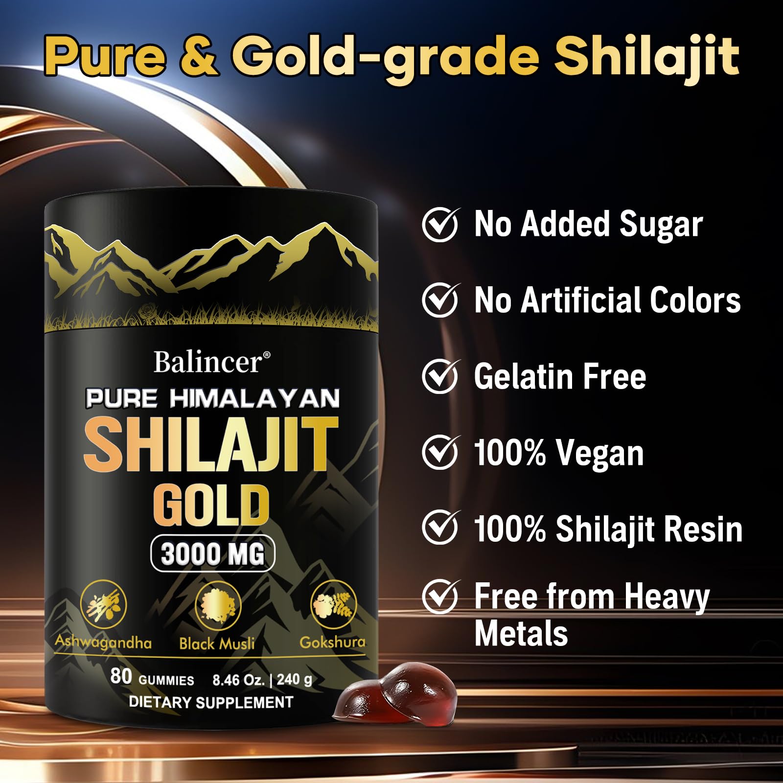 Pure Himalayan Shilajit Gummies Gold – Lab Tested, Ashwagandha & Gokshura