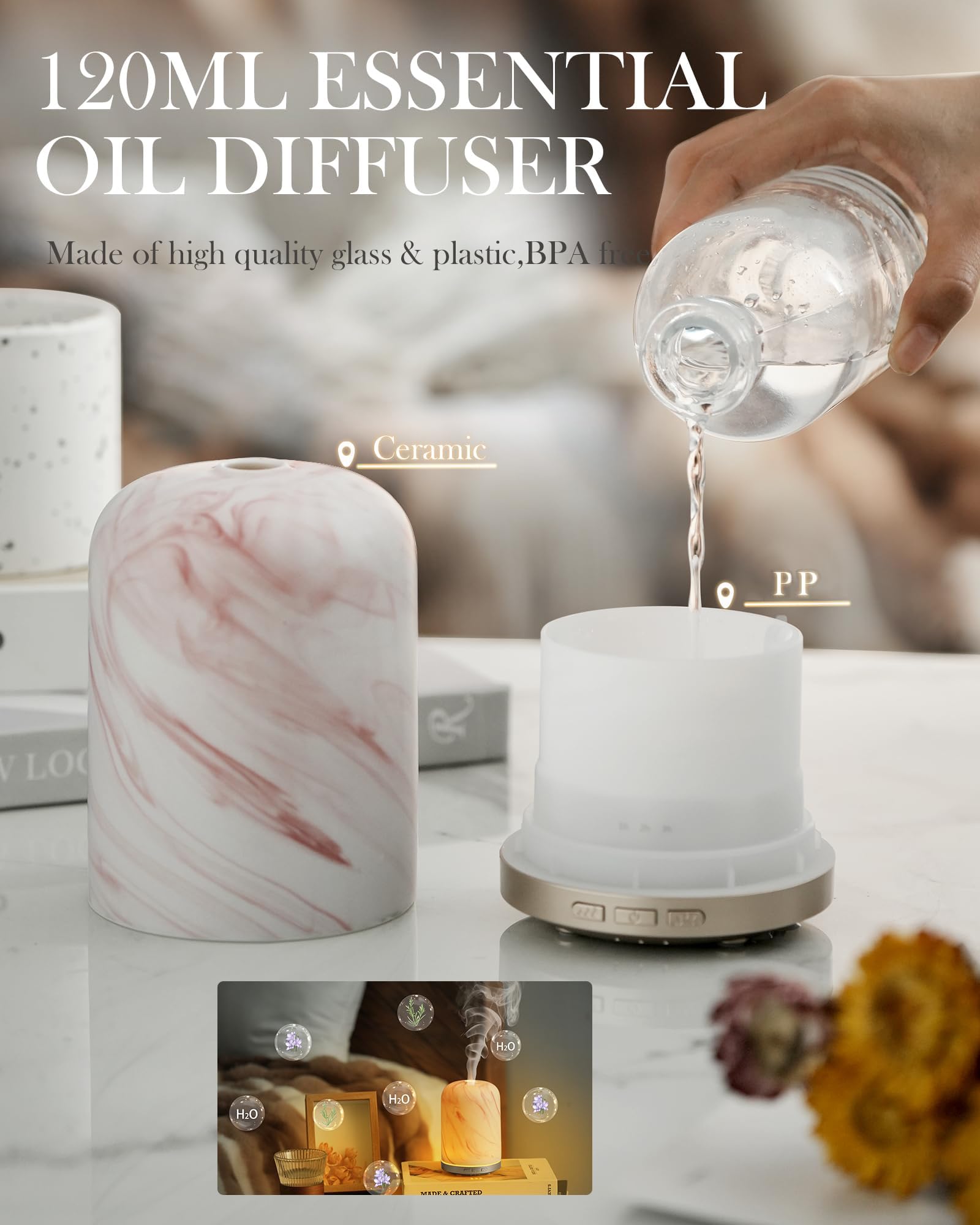 Onaboviva Essential Oil Diffuser – 2.4MHz Ultrasonic, 120ml, Auto Shut-Off, BPA-Free