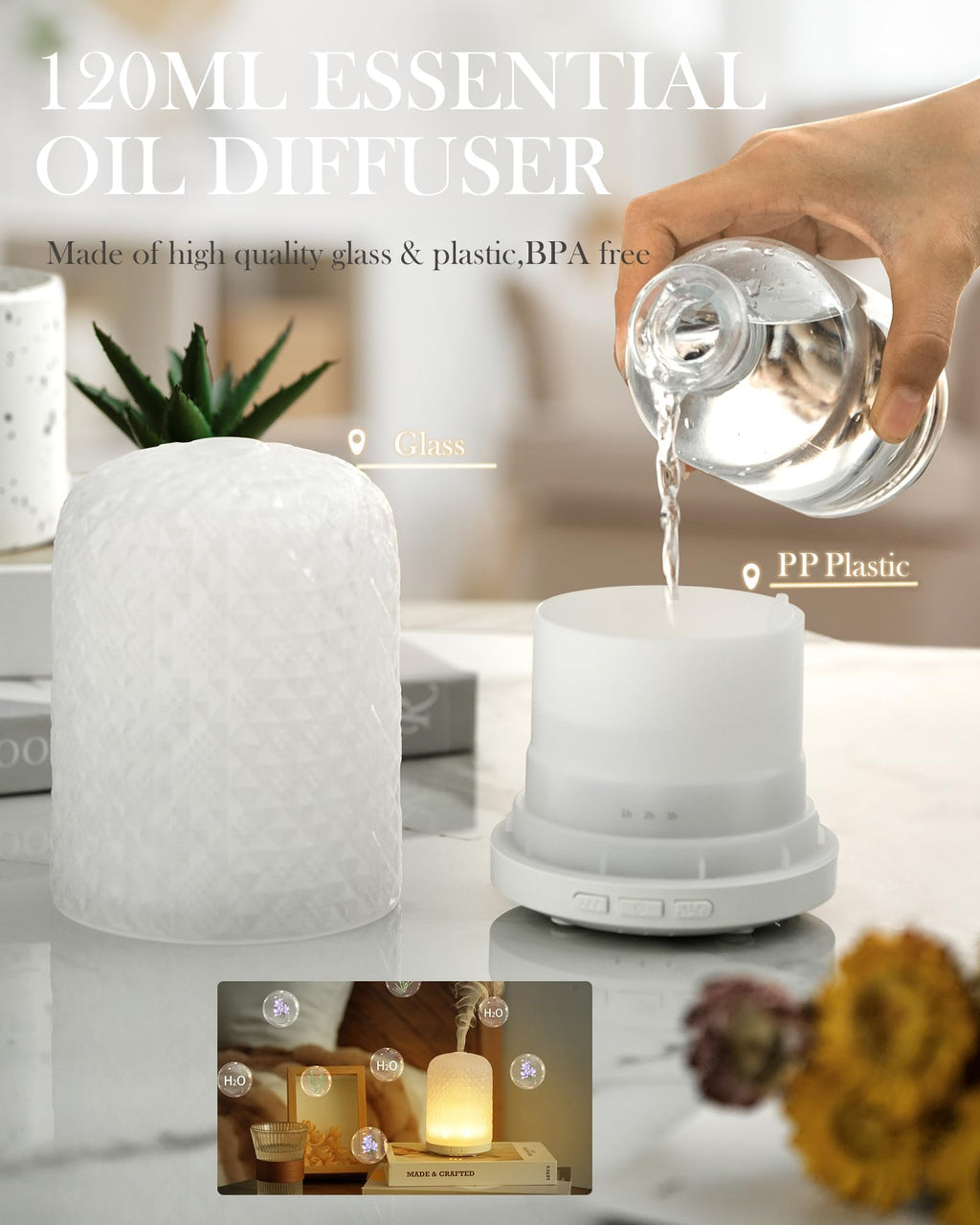 Onaboviva Essential Oil Diffuser – 2.4MHz Ultrasonic, 120ml Glass Diffuser, Auto Shut-Off, 3 Timers, BPA-Free, Home Office Spa