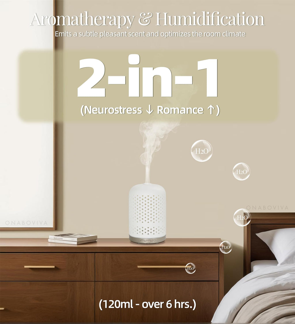 Onaboviva Essential Oil Diffuser – 120ml Ceramic Ultrasonic Diffuser with Auto Shut-Off, 3 Timers, BPA-Free