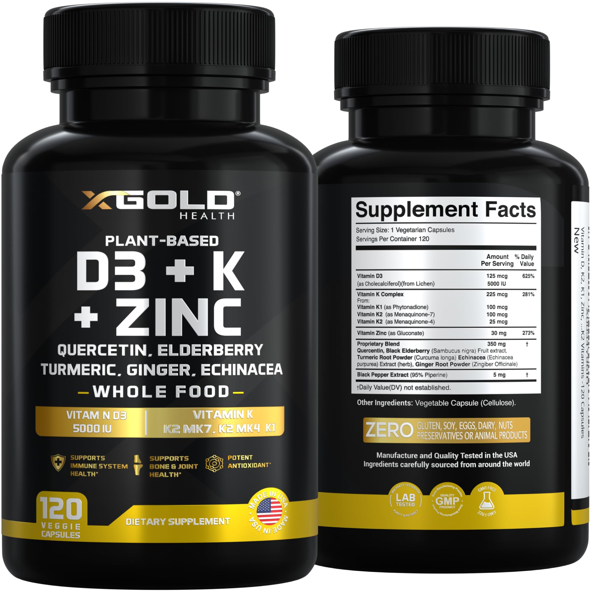 Vitamin D3 5000 IU + K2 MK7/MK4/K1, Zinc, Quercetin, Elderberry, Turmeric & Echinacea – 8-in-1 Plant-Based (120 capsules)