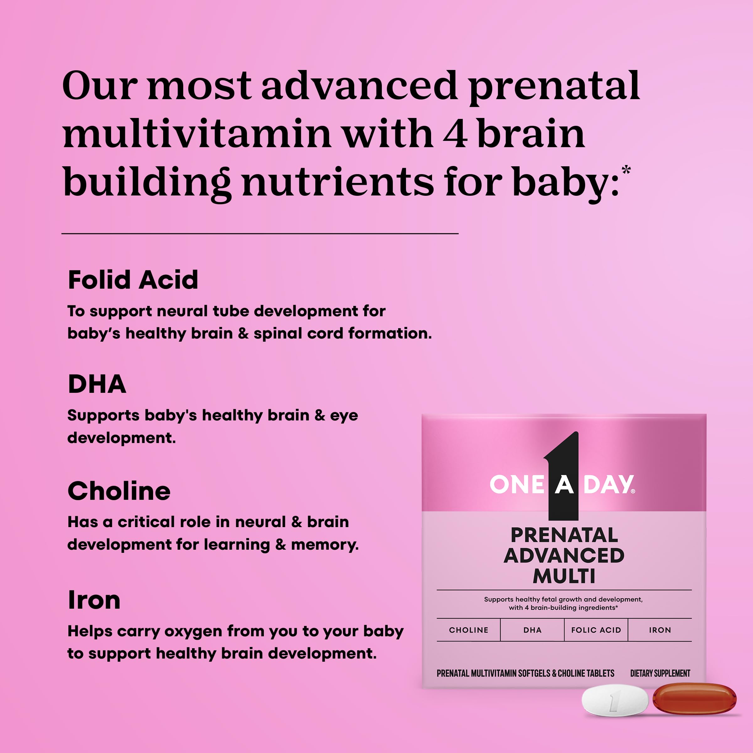 One A Day Prenatal Advanced - Brain-Builder Vitamins with Choline, DHA, Folic Acid, Iron (120 Ct)