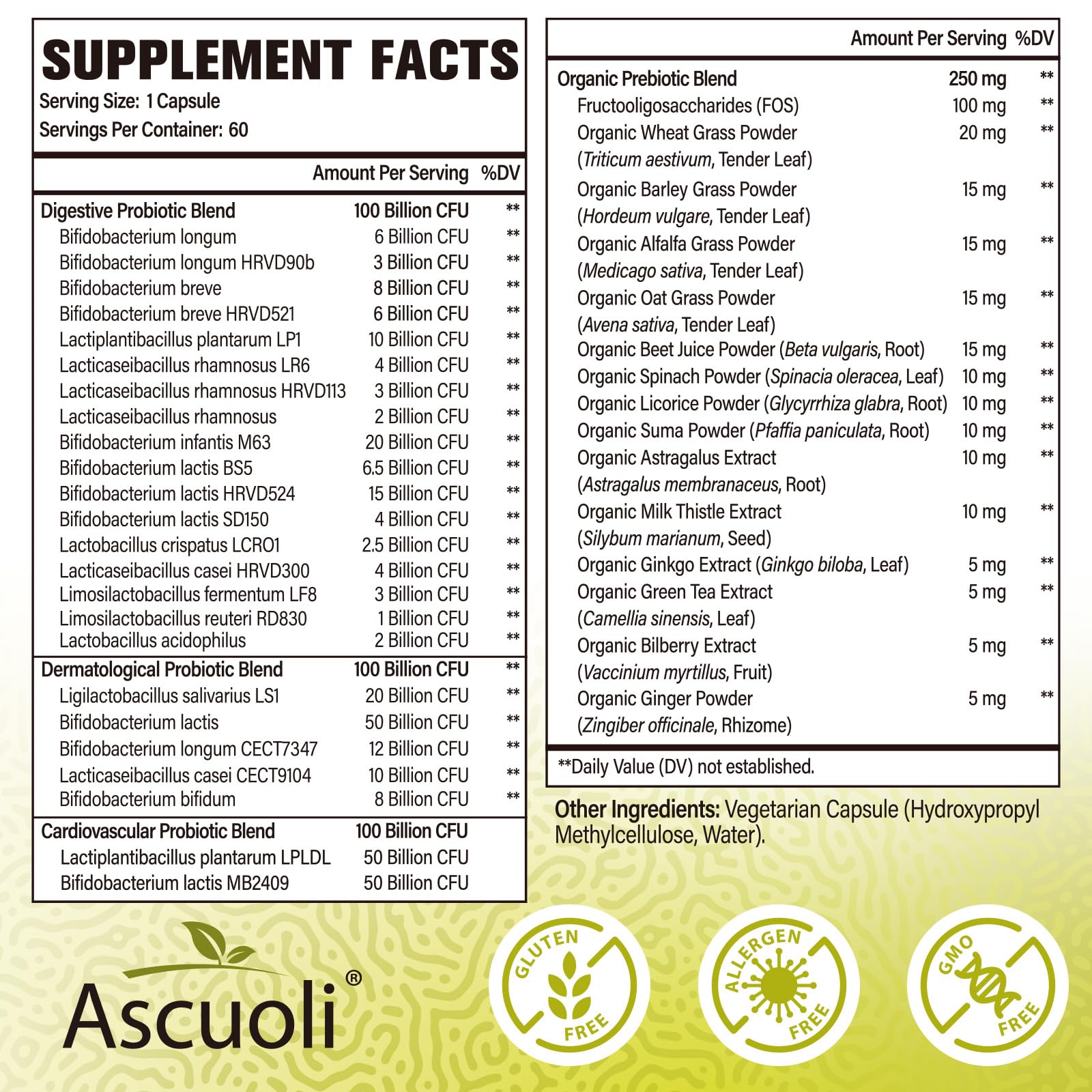 Ascuoli Probiotics for Women & Men – 300B CFU, 24 Strains, 15 Organic Herbs, 120 Veg Capsules
