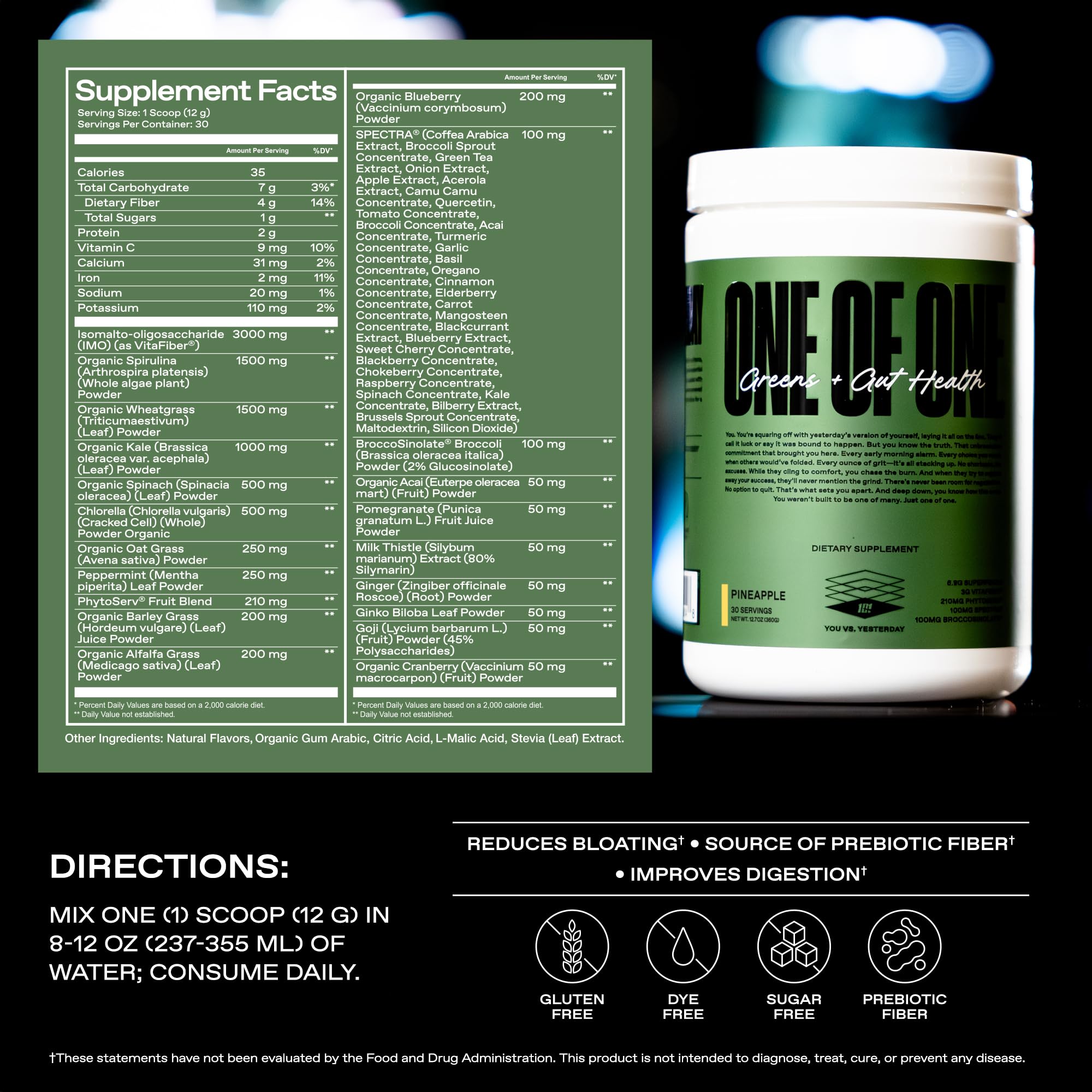 ONE OF ONE Greens & Gut Health – Pineapple Greens Powder with Prebiotics, Probiotics & Digestive Enzymes | 30 Servings
