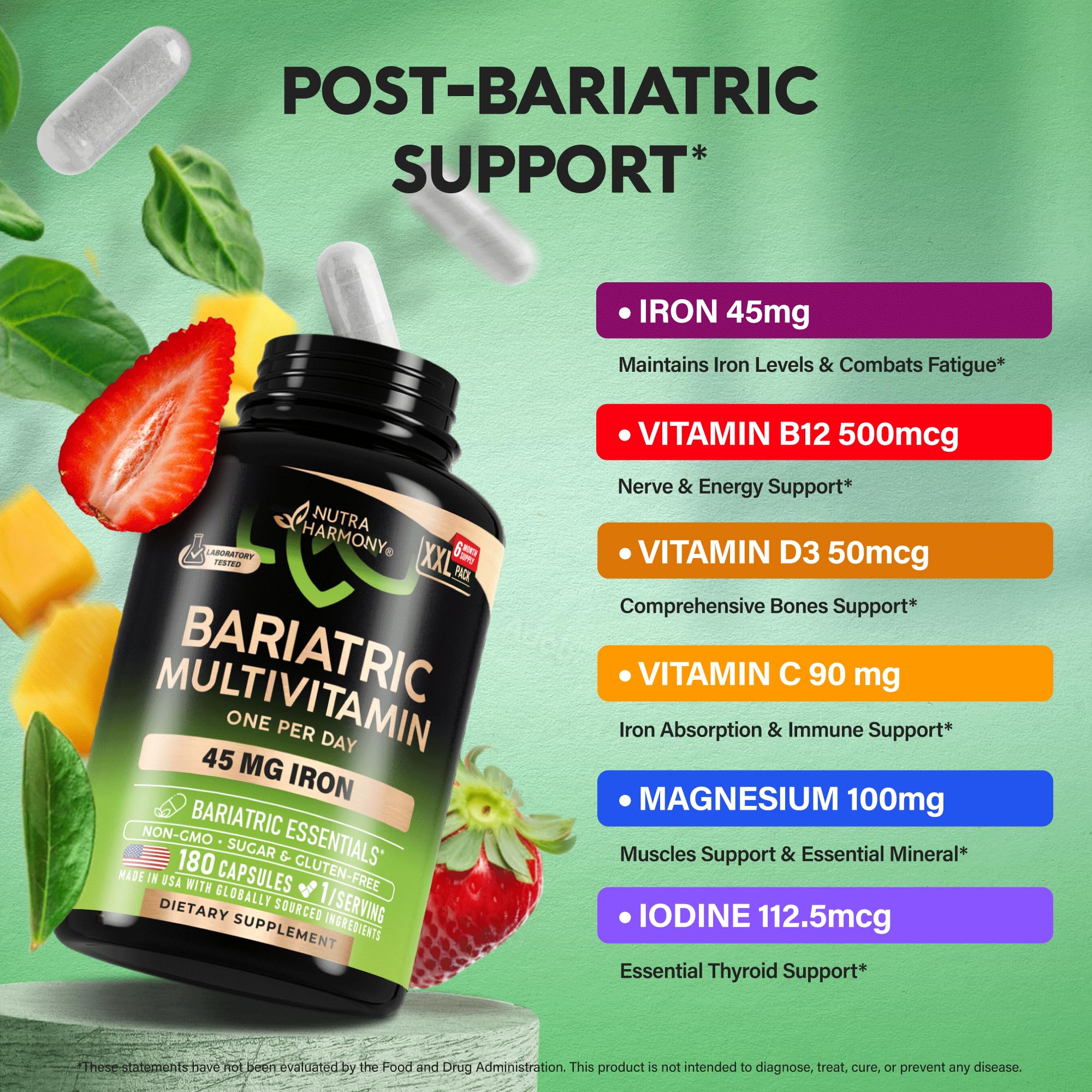 Bariatric Multivitamin with Iron – 21 Vitamins, 180 Capsules, USA Made