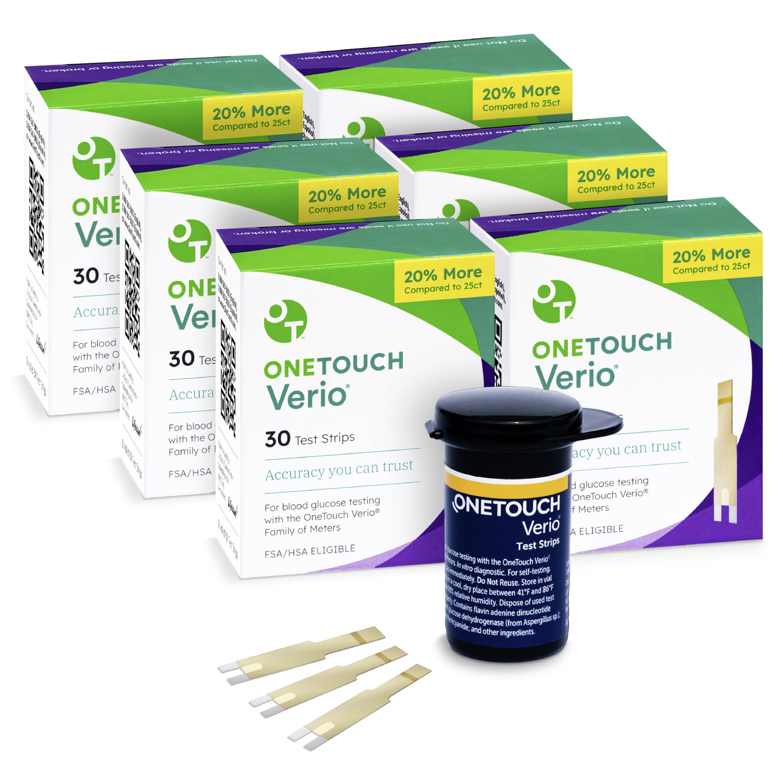 OneTouch Verio Test Strips Value Pack – 180 Count, 6 Boxes, No Coding