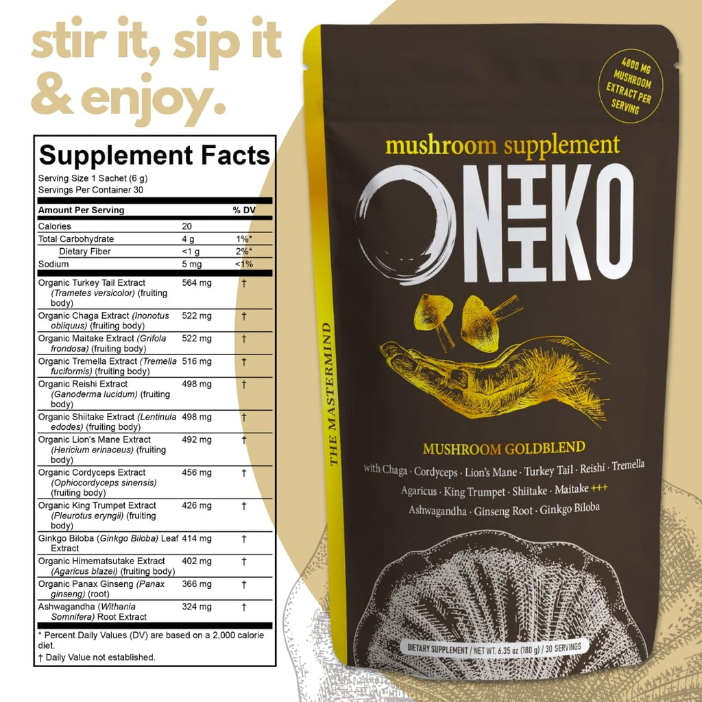 Oniiko 10 Mushroom Powder with Ginkgo, Ginseng & Ashwagha nd a – Performance, Memory & Immunity, 4800 mg per Serving, 30 Servings