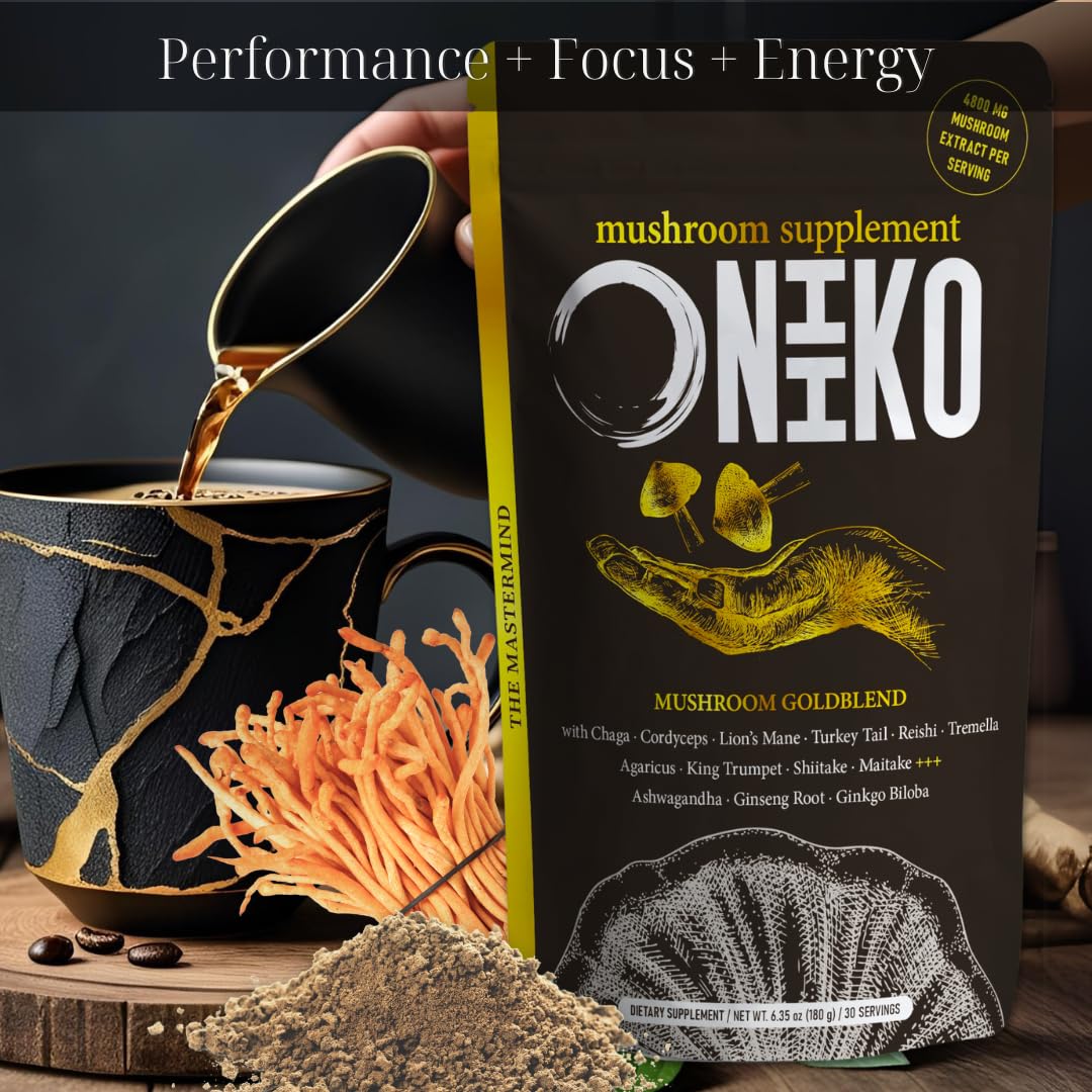 Oniiko 10 Mushroom Powder with Ginkgo, Ginseng & Ashwagha nd a – Performance, Memory & Immunity, 4800 mg per Serving, 30 Servings