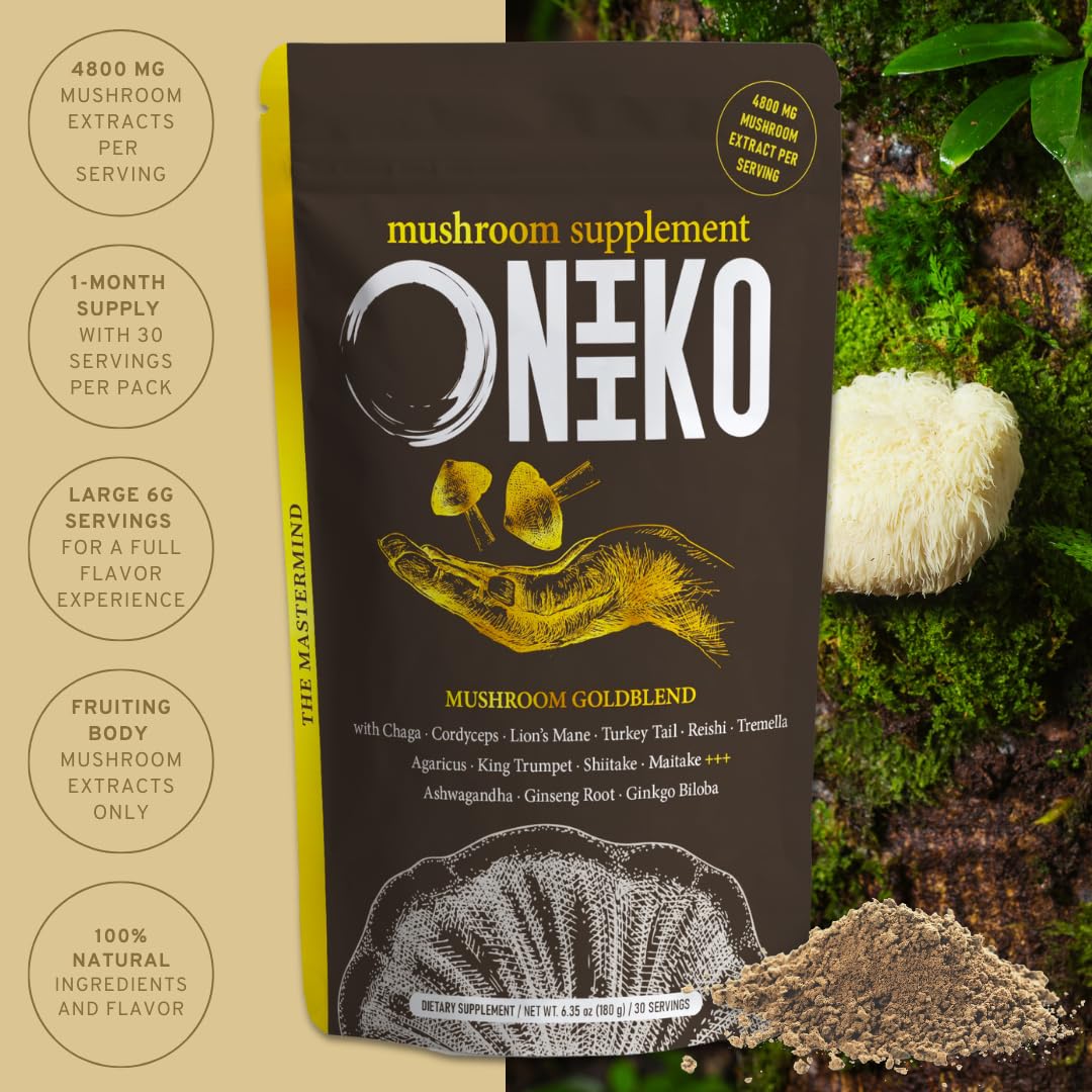 Oniiko 10 Mushroom Powder with Ginkgo, Ginseng & Ashwagha nd a – Performance, Memory & Immunity, 4800 mg per Serving, 30 Servings