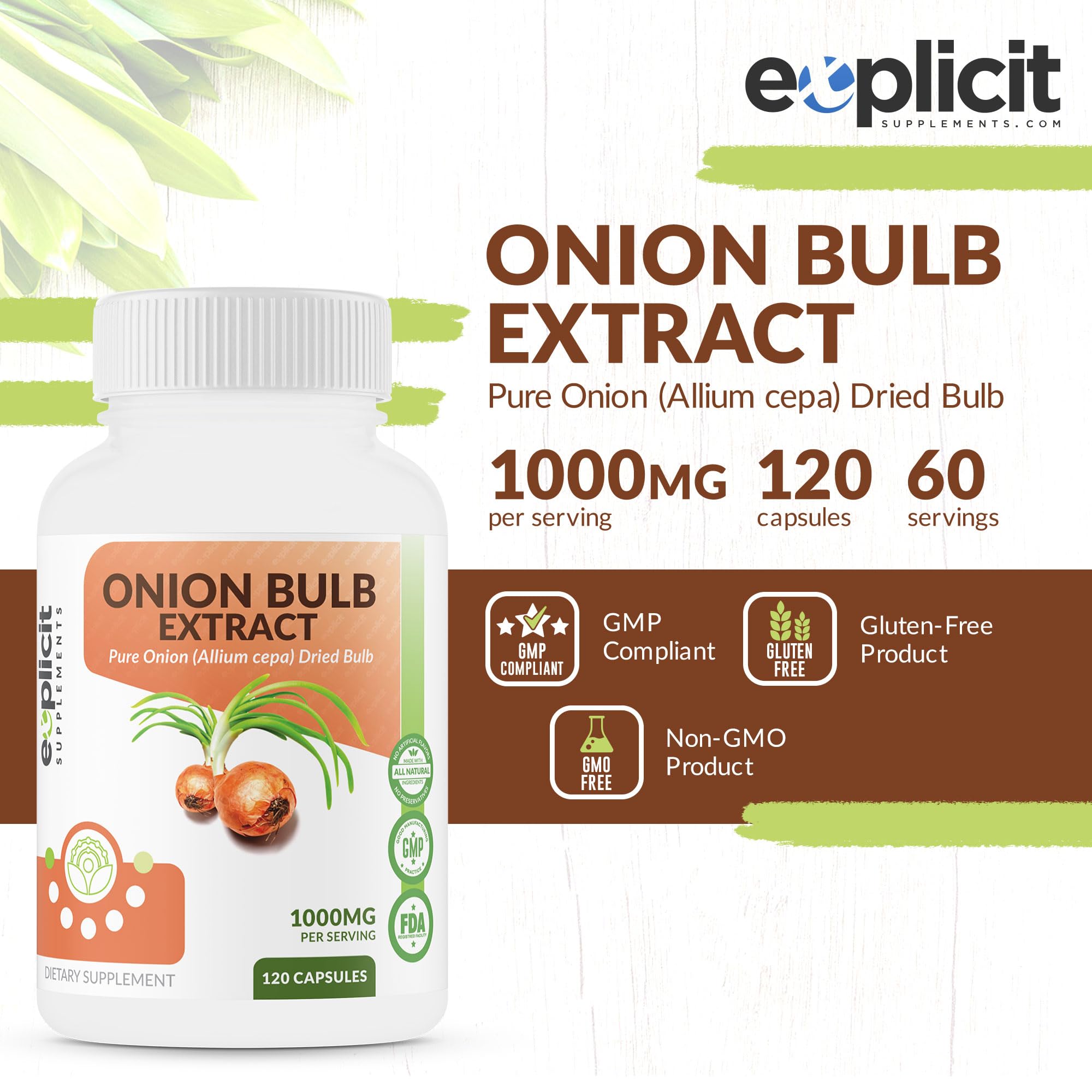 All Natural Onion Extract 1000mg - Dried Onion Bulb (Allium Cepa) Herbal Supplement - 120 Capsules
