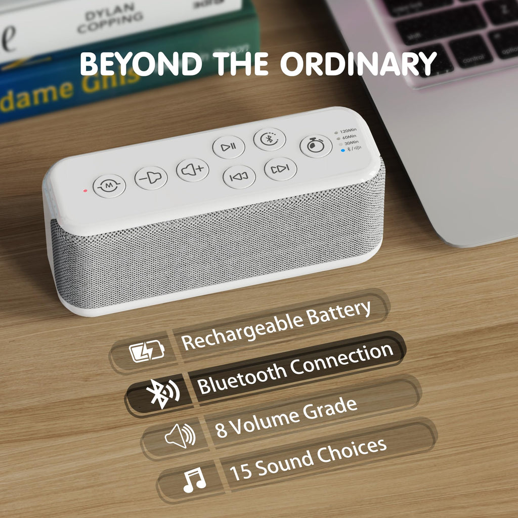 OnLyee White Noise Sound Machine with Bluetooth Speaker – 15 Soothing Sounds, Auto-Off Timer, 3000mAh Battery