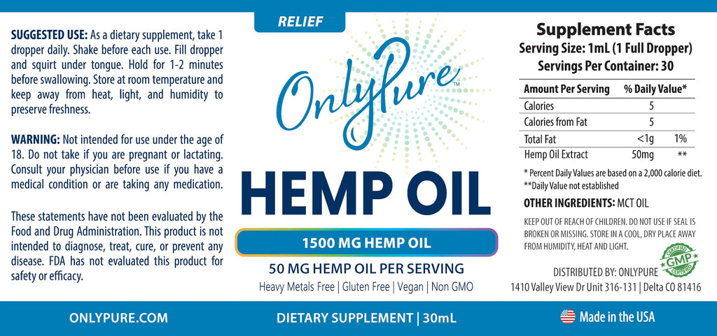 OnlyPure Relief Hemp Oil Drops – 1500 mg, 30 mL | Wellness, Sleep & Relaxation | All-Natural, MCT Oil, Non-GMO, Vegan