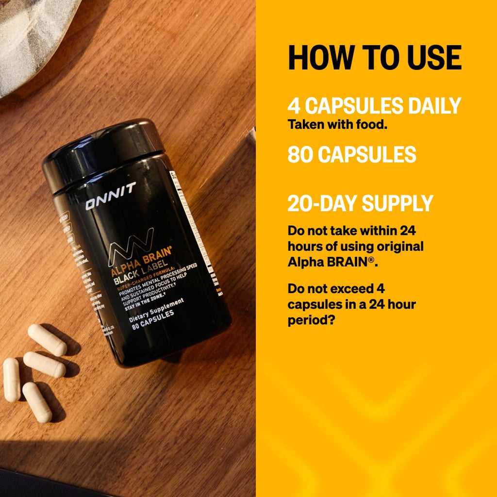 ONNIT Alpha Brain Black Label Capsules – Non-GMO Citicoline Brain Support for Focus & Clarity | 80 Count