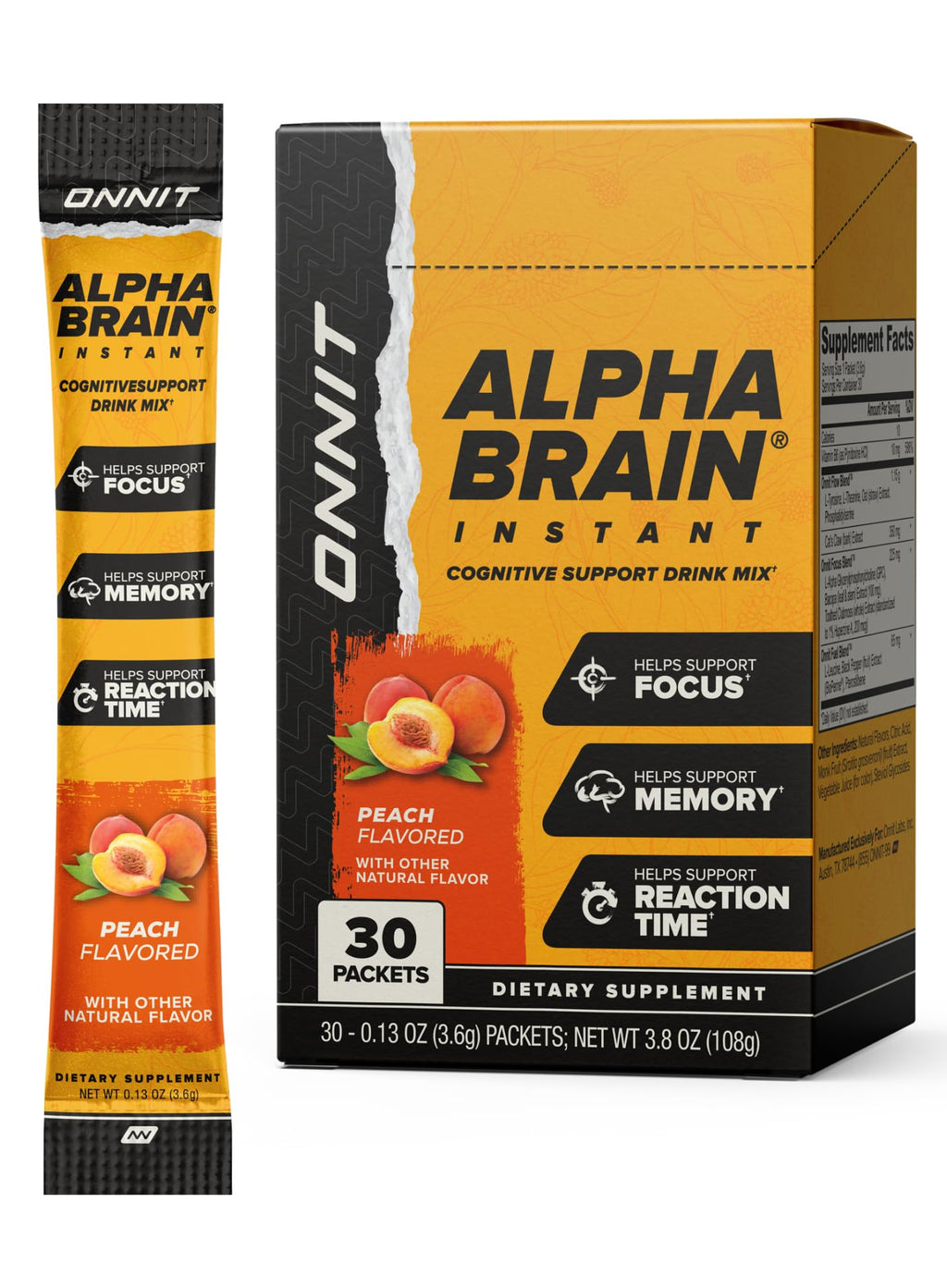 ONNIT Alpha Brain Instant Peach Nootropic Drink Mix for Focus, Memory & Clarity – 30 Packets