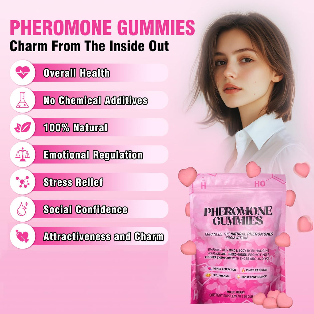 OOUUEEOO Pheromone Gummies for Women – Vegan, Gluten-Free, 60 Count – Strawberry Flavor
