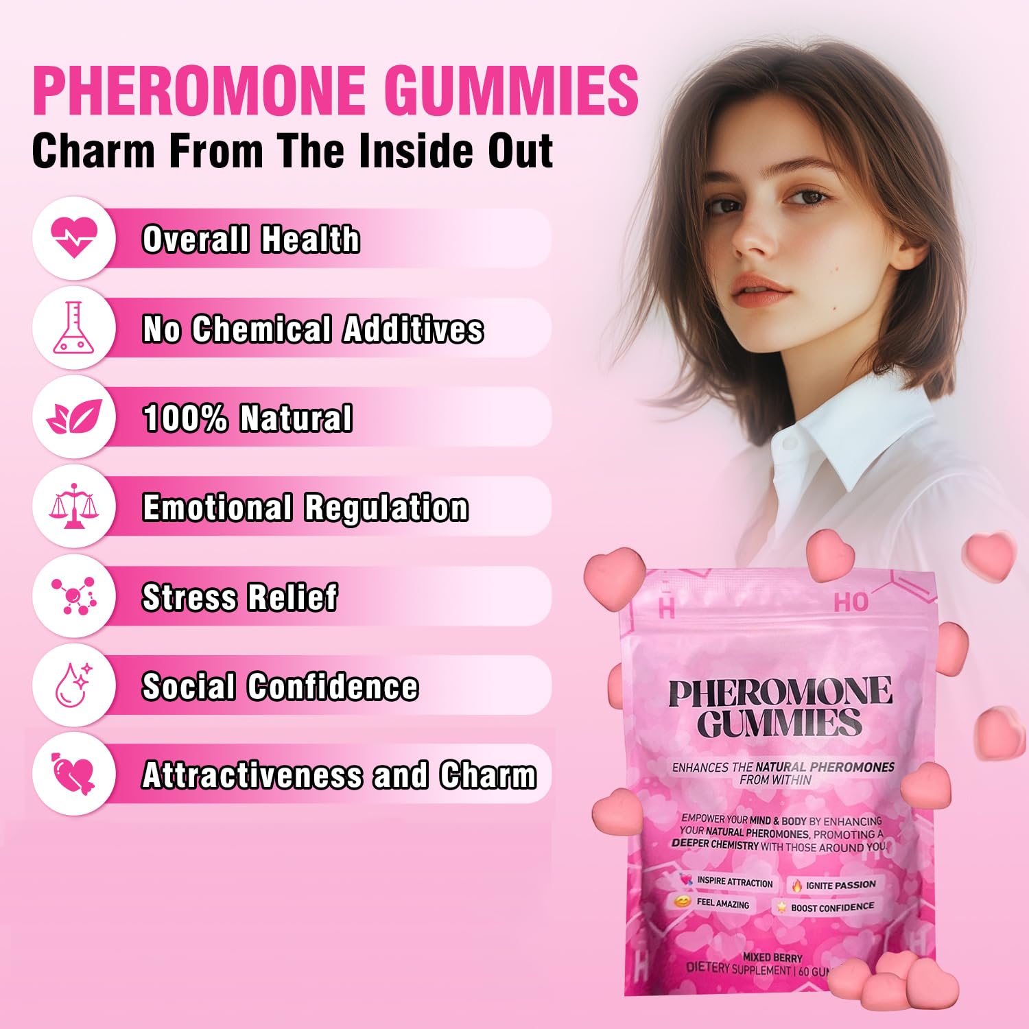 OOUUEEOO Pheromone Gummies for Women – Vegan, Gluten-Free, 60 Count – Strawberry Flavor